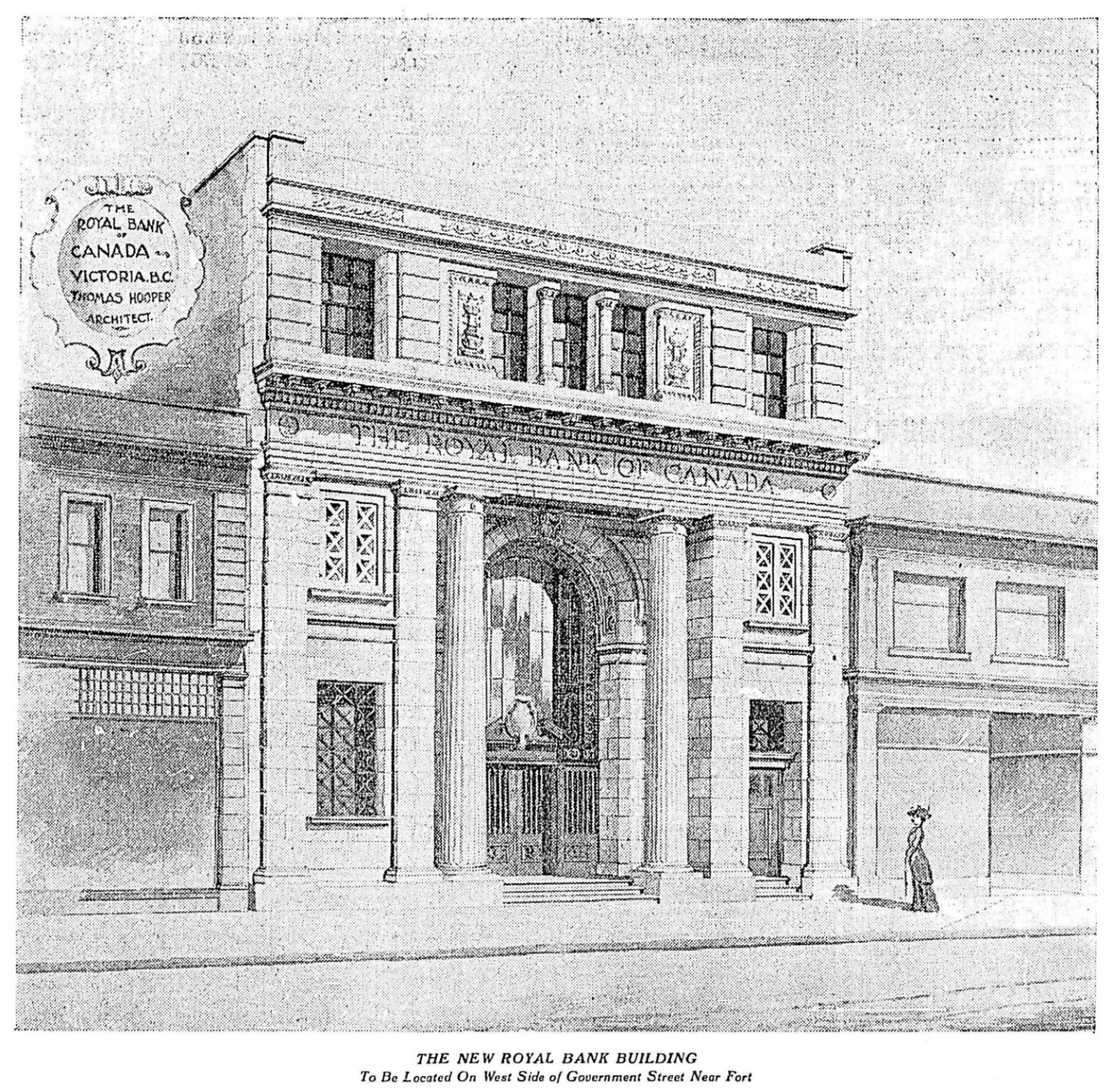 1909 promotional drawing of 1108 Government Street released by the Royal Bank of Canada and architect Thomas Hooper