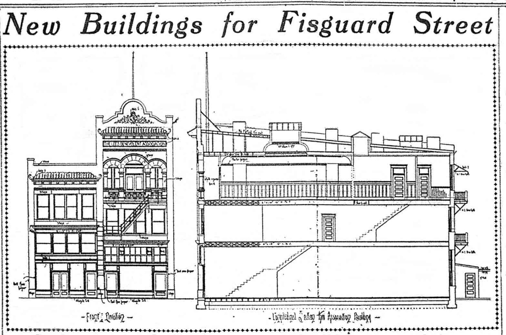 1910 architectural drawing of the Lee Benvolent Association buildings, now 612 Fisgard Street and 614 Fisgard Street