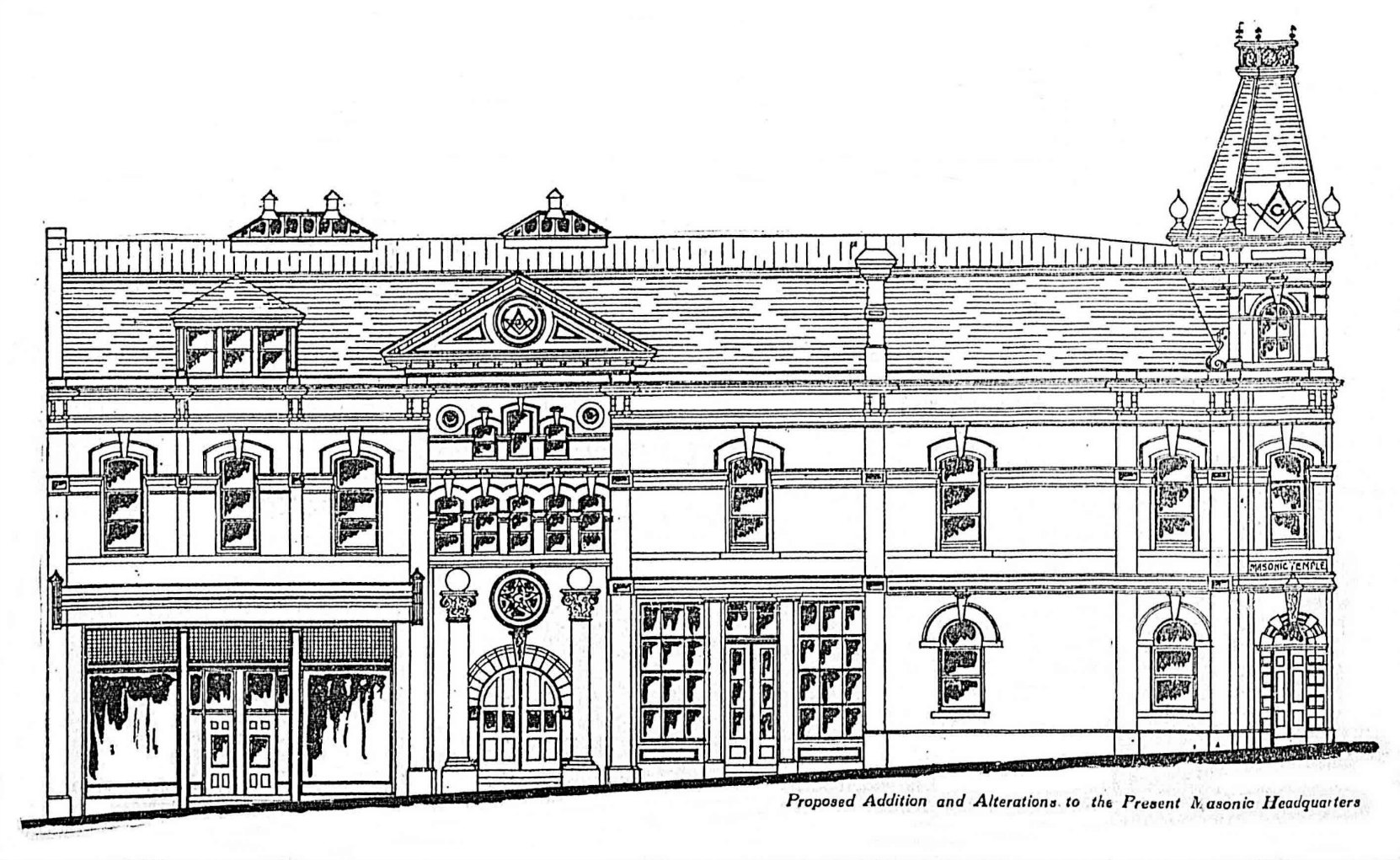 Architect's drawing of the 1909 addition and alterations to the Masonic Temple, 650 Fisgard Street