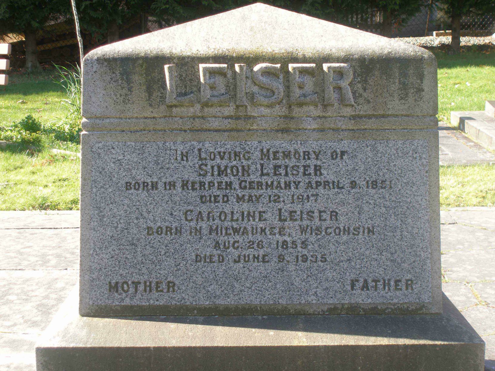 Simon and Caroline Leiser grave, Victoria Jewish Cemetery. Victoria, B.C.