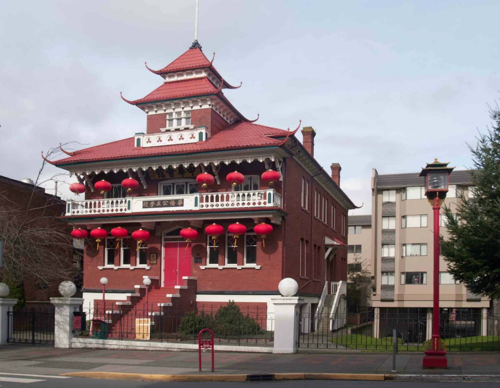 Chinese Public School at 636 Fisgard Street, built in 1908 by architect David C. Frame for the Chinese Consolidated Benevolent Association.