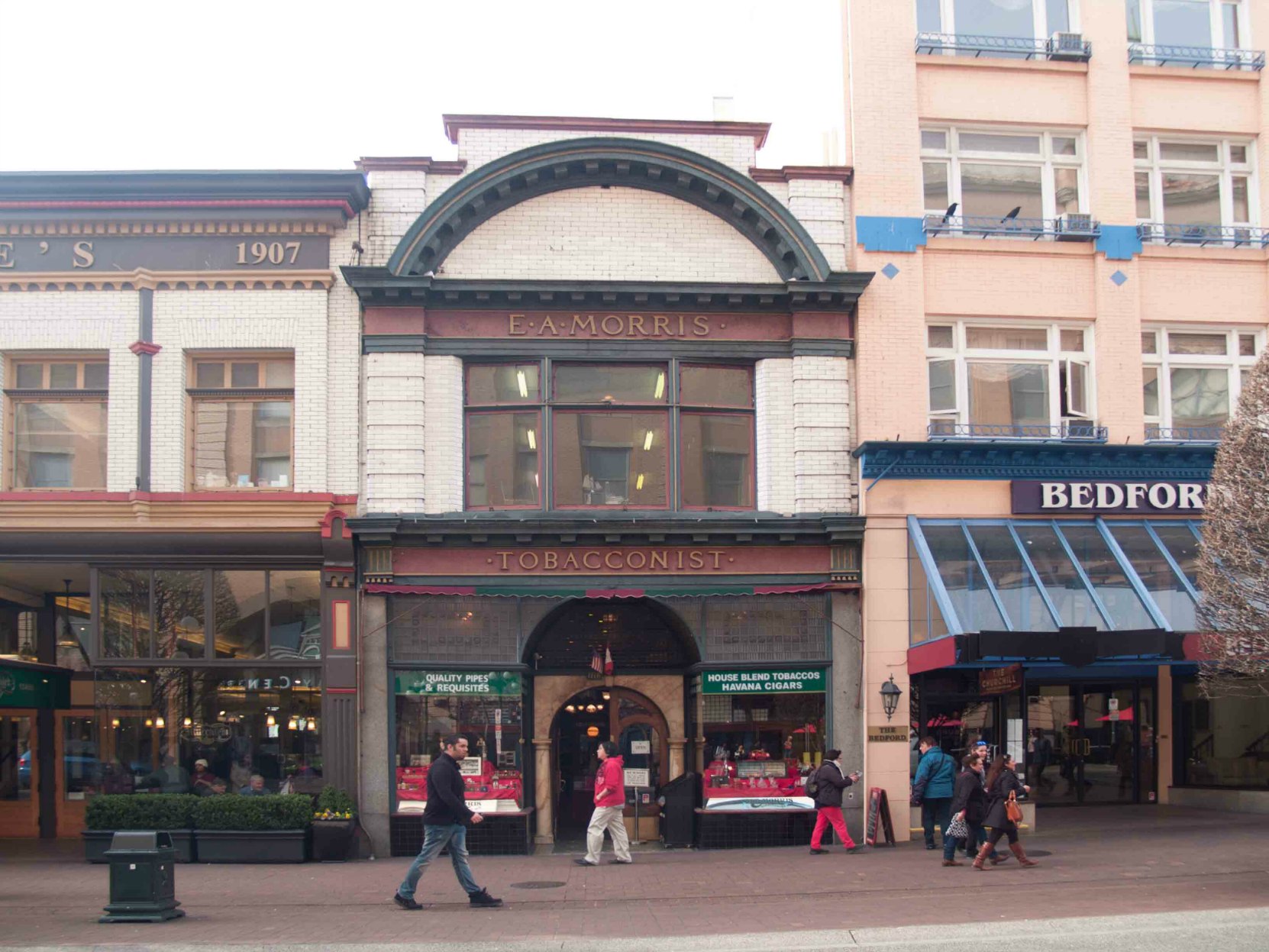 E.A. Morris Tobacconist, 1116 Government Street. Built in 1882 with the current facade designed in 1909 by architect Thomas Hooper. The interior is an excellent example of an early 20th century retail store.