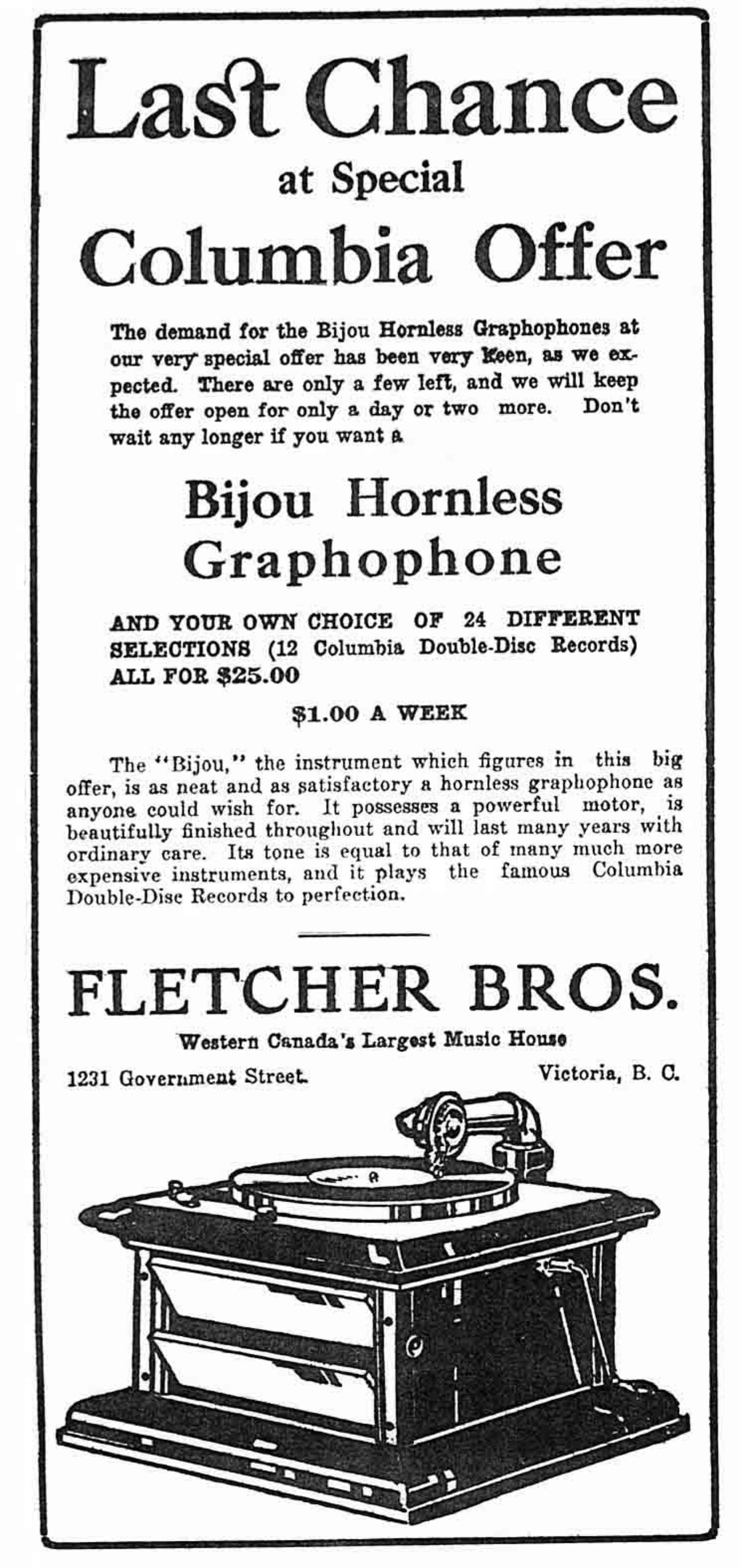 Fletcher Brothers Music occupied space at 1231 Goverment Street, circa 1912-20. This advertisement appeared circa 1914.