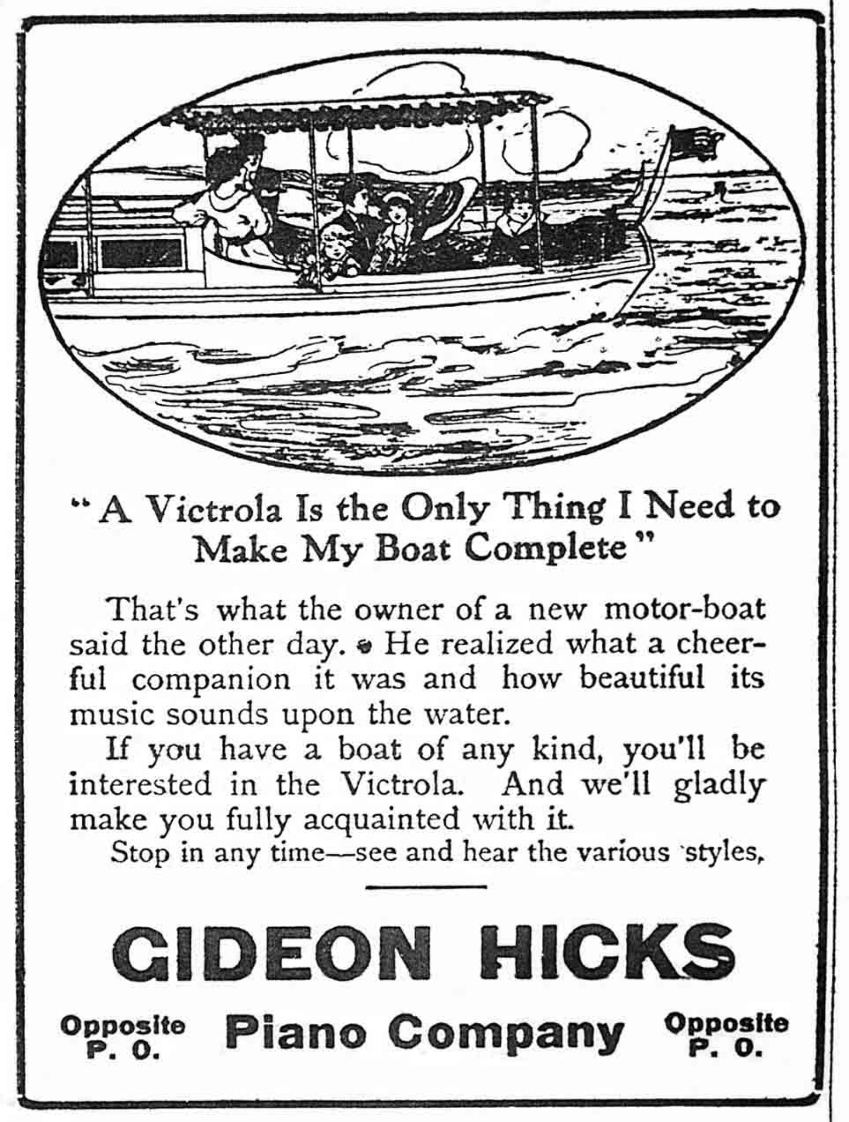 The Gideon Hicks Piano Company occupied space at 811-813 Goverment Street, in the Metropolitan Building, circa 1912-20. This advertisement appeared circa 1914.
