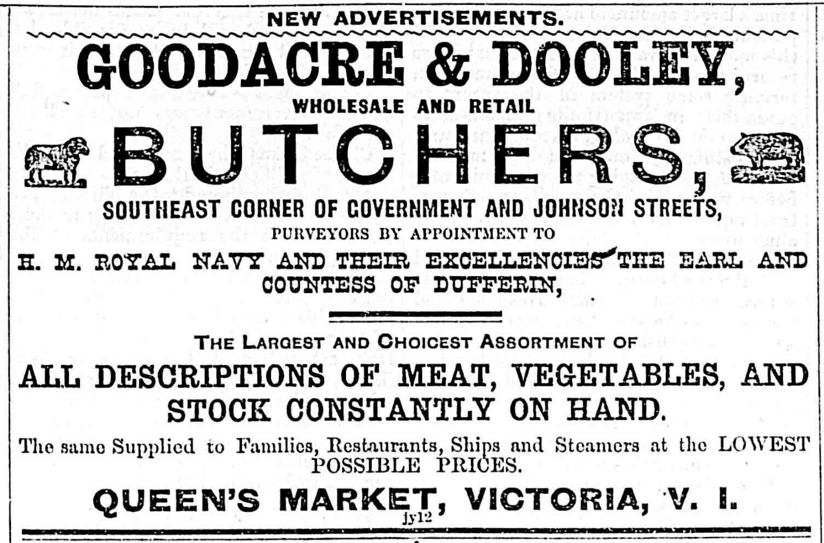 1879 advertisement for Goodacre & Dooley Butchers, at the south east corner of Government Street and Johnson Street