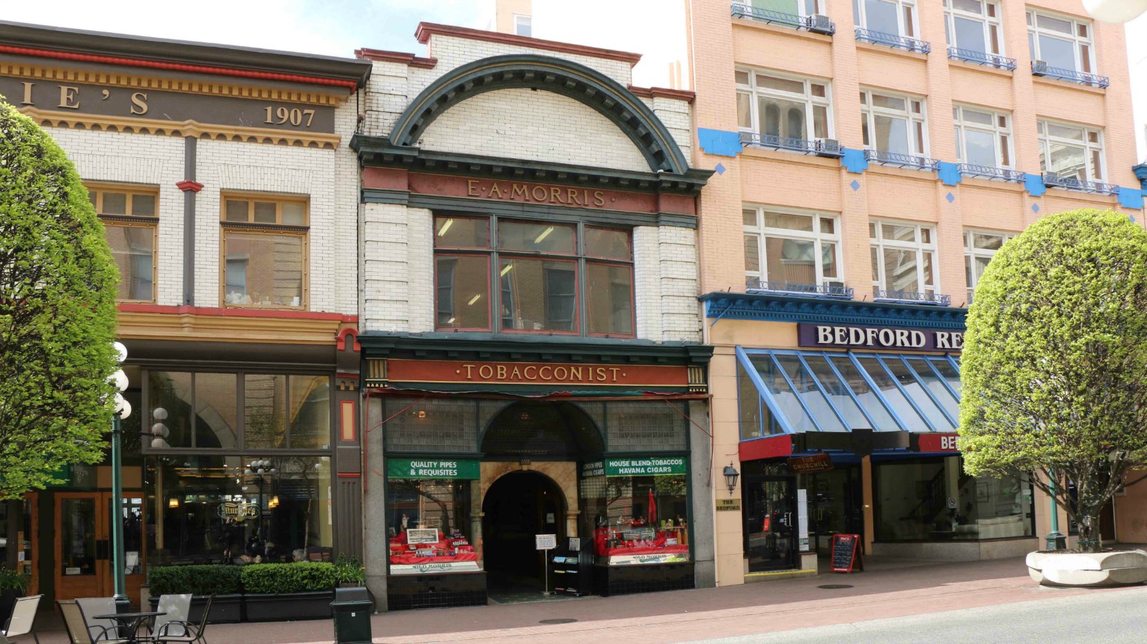 E.A. Morris Tobacconist, 1116 Government Street. This building was originally built in 1882 and the present facade was designed by architect Thomas Hooper in 1909.