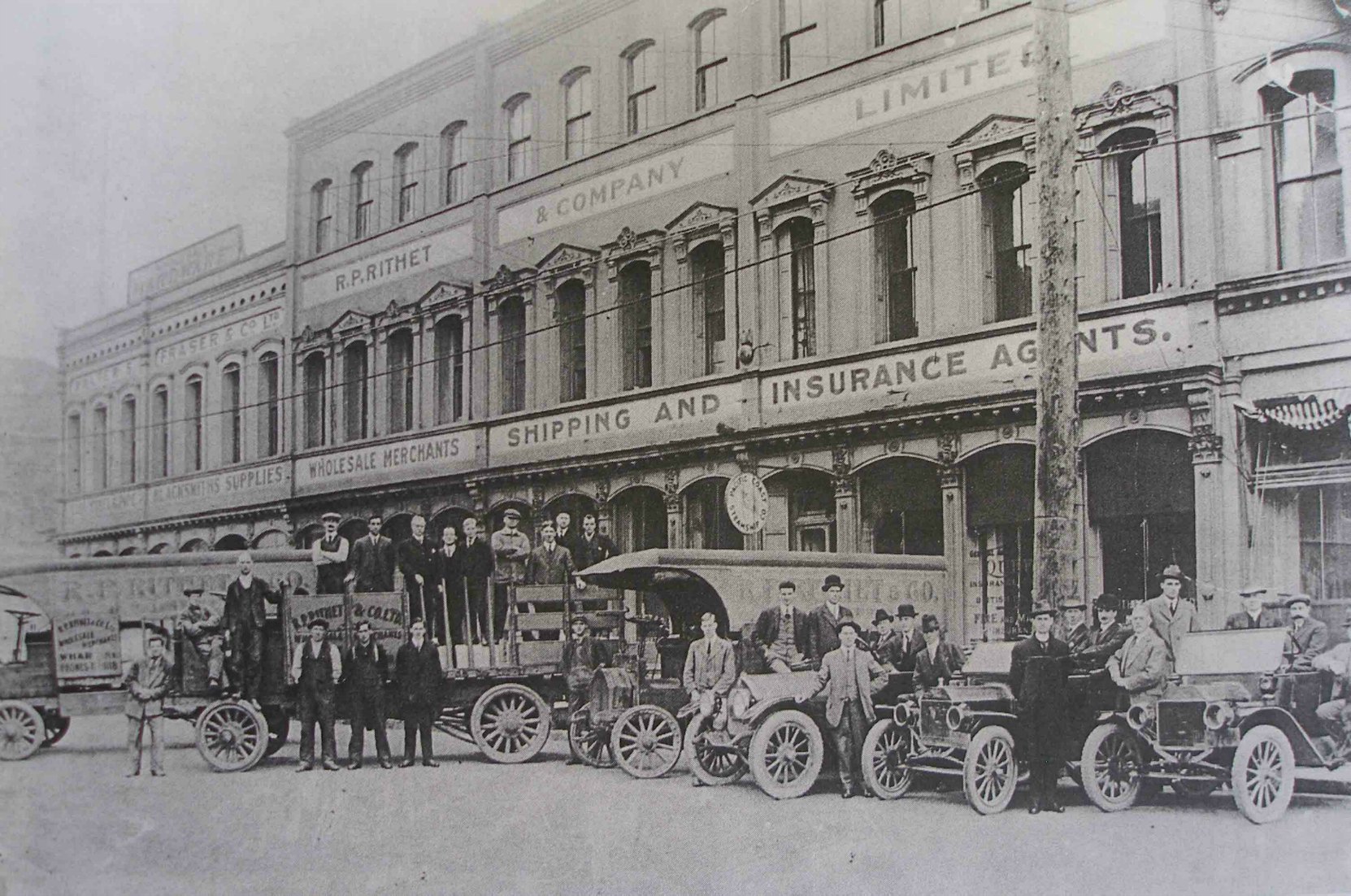 The Rithet Building, 1117-1125 Wharf Street and 1129 Wharf Street circa 1912. In this photo 1117-1129 Wharf Street is occupied by R.P. Rithet & Co. and 1129 Wharf Street is occupied by Walter Fraser & Co., a hardware dealer.