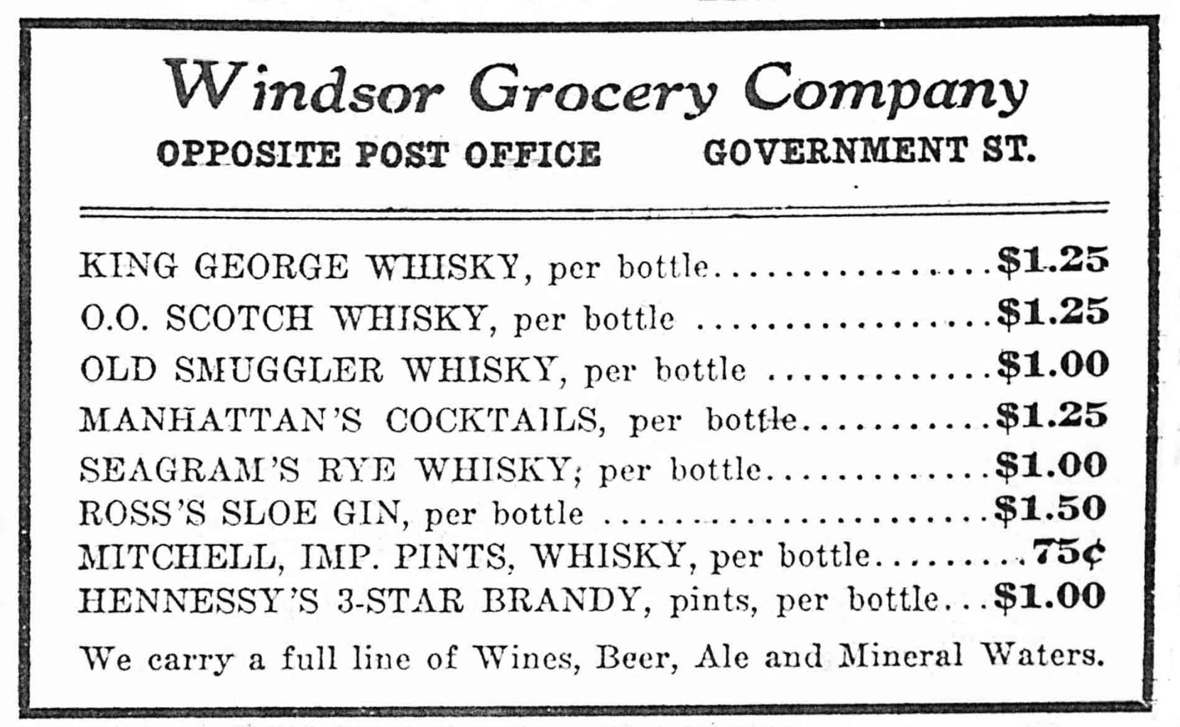 1912 advertisement for the Windsor Grocery, which was located in the Metropolitan Building