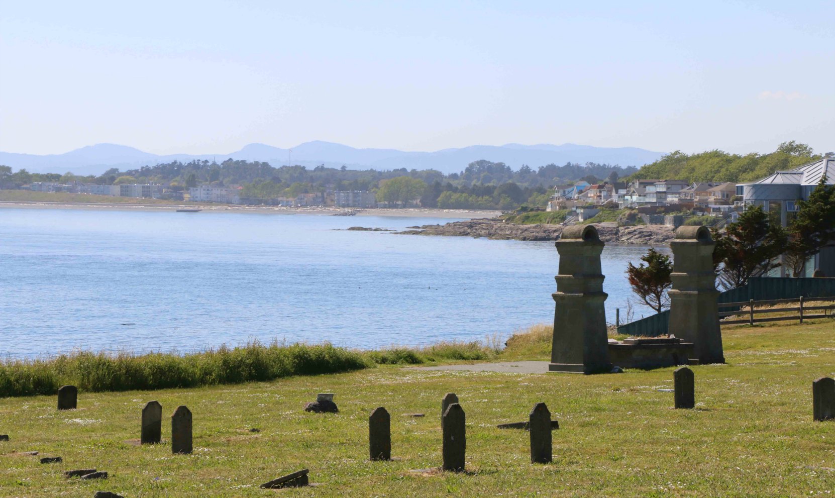 Graves around the altar in the Chinese Cemetery, with Ross Bay in the background