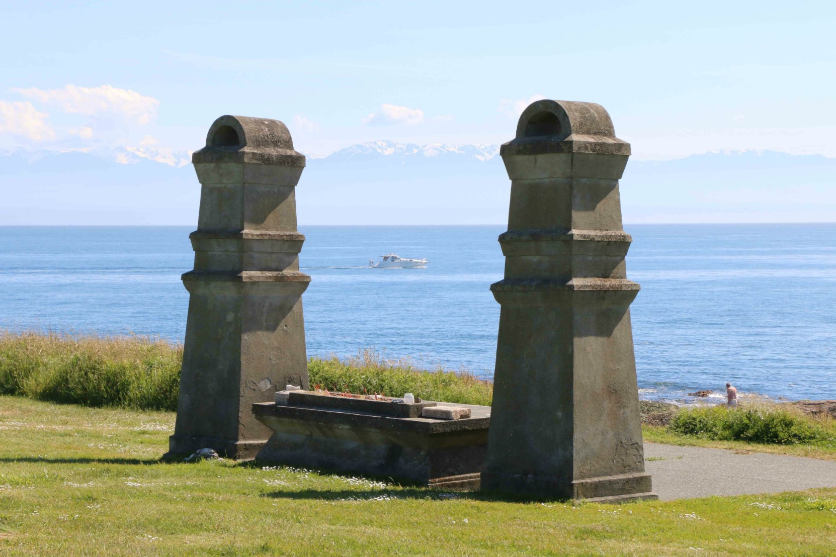 The altar in the Chinese Cemetery with the Olympic Mountains in the background.