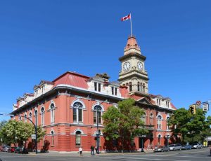 Victoria City Hall, designed by architect John Teague. The original section of the building dates from 1878. The majority of the present building was added during subsequent additons in 1881 and 1890-91.