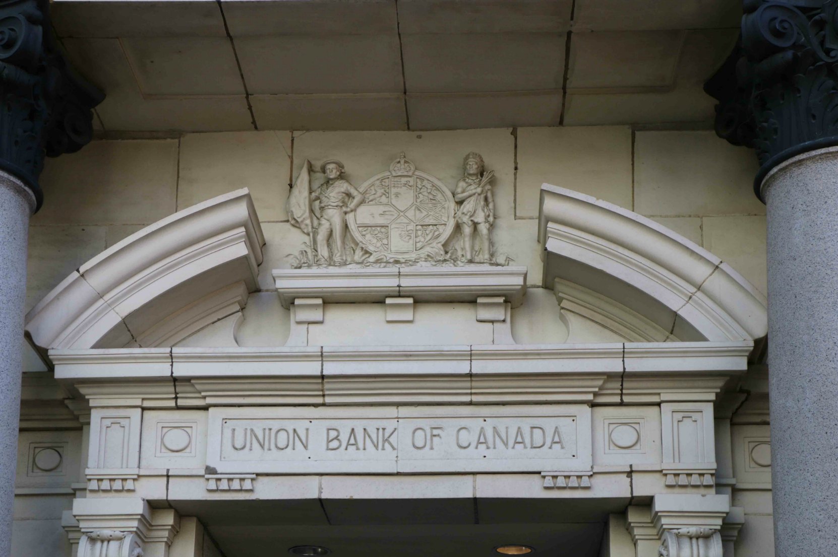 The Union Bank of Canada no longer exists but its sign and corporate coat of arms is still in place on 1205 Government Street