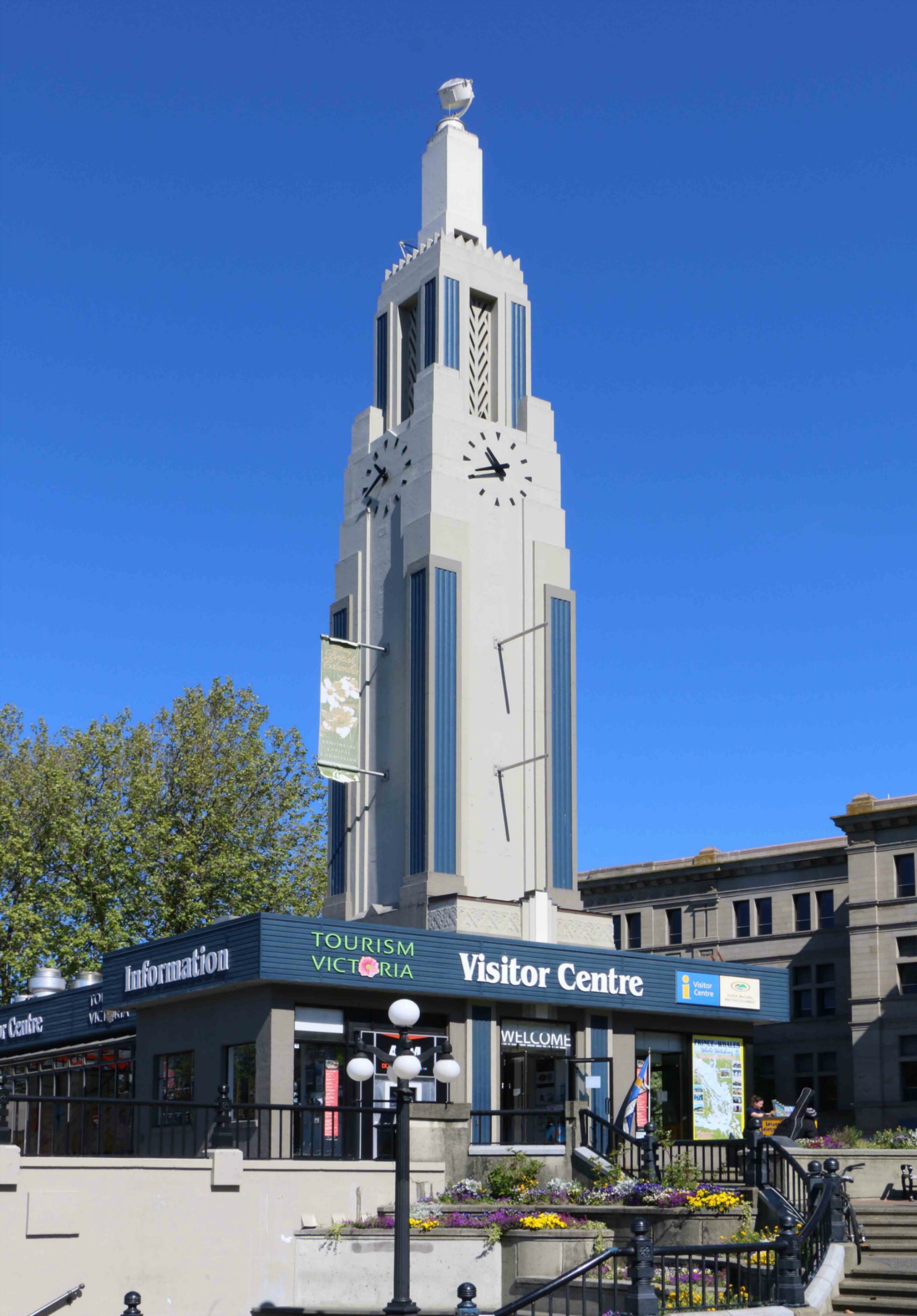 The Tourism Victoria Visitor Centre, 812 Wharf Street. This Art Deco building was originally built in 1931 by Imperial Oil as a service station. The tower still features a Sperry searchlight intended as a navigation beacon for aircraft.