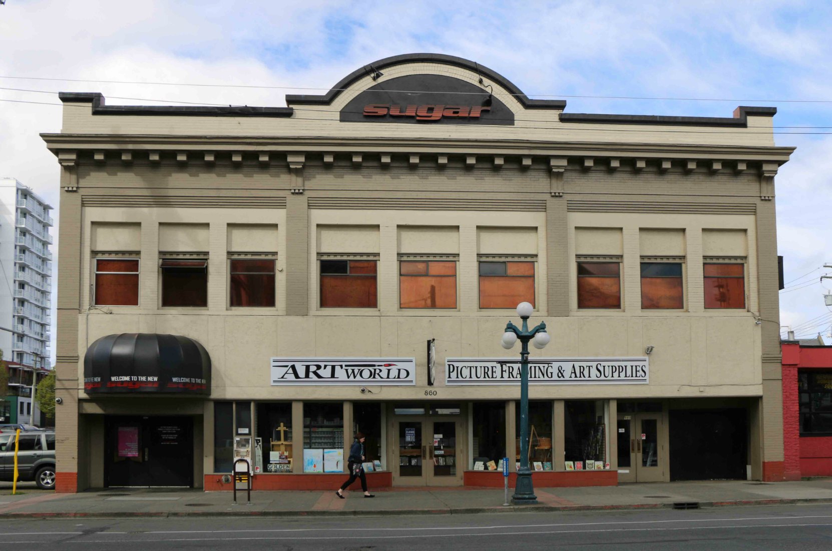 858 Yates Street, now Sugar nightclub on the second floor and Art World Picture Framing & Art Supplies on the main floor. The building was originally built as a garage in 1920.