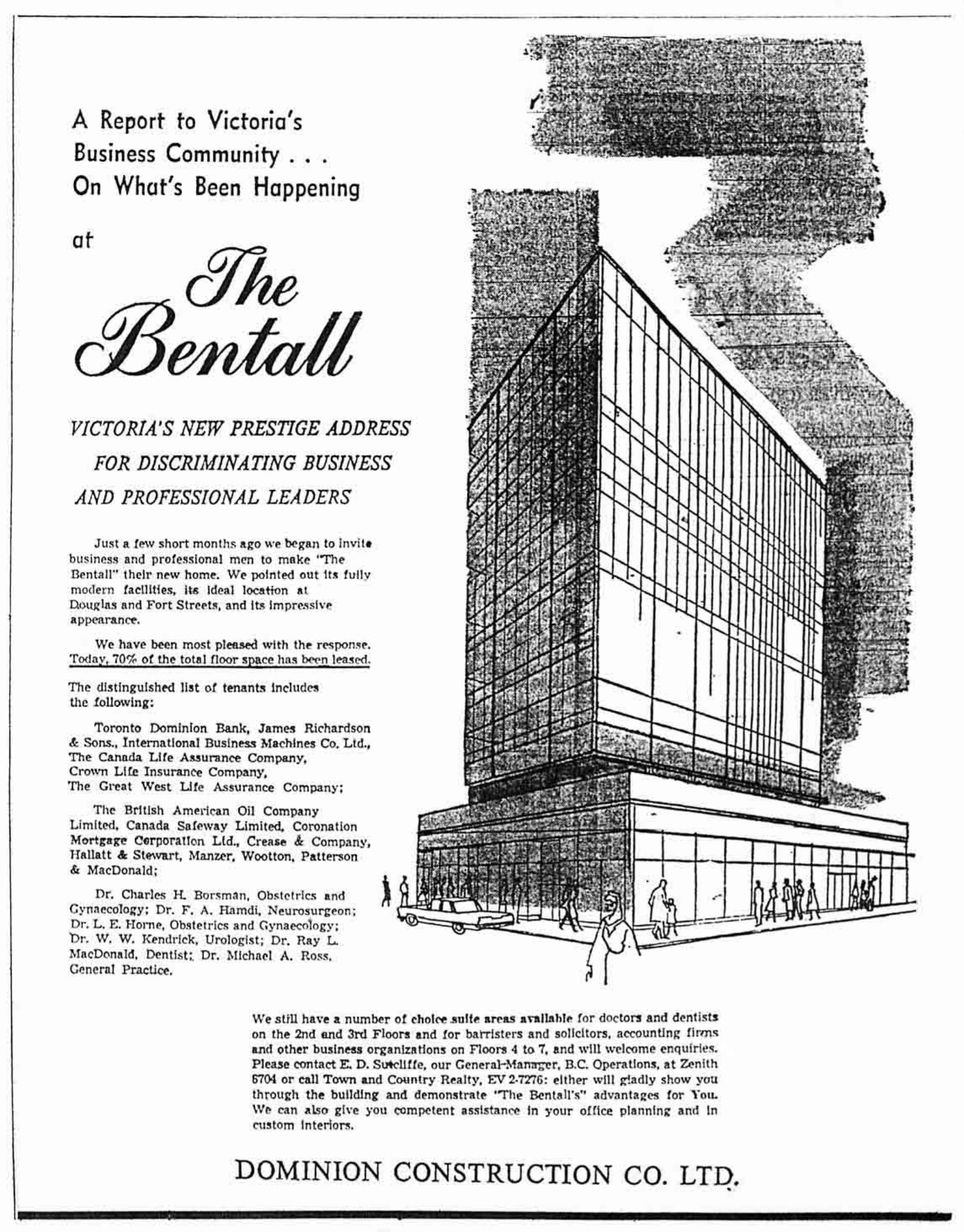 1964 advertisement for the Bentall Building at 1060 Douglas Street. The Bentall Building is now in the Canadian Register of Historic Places.