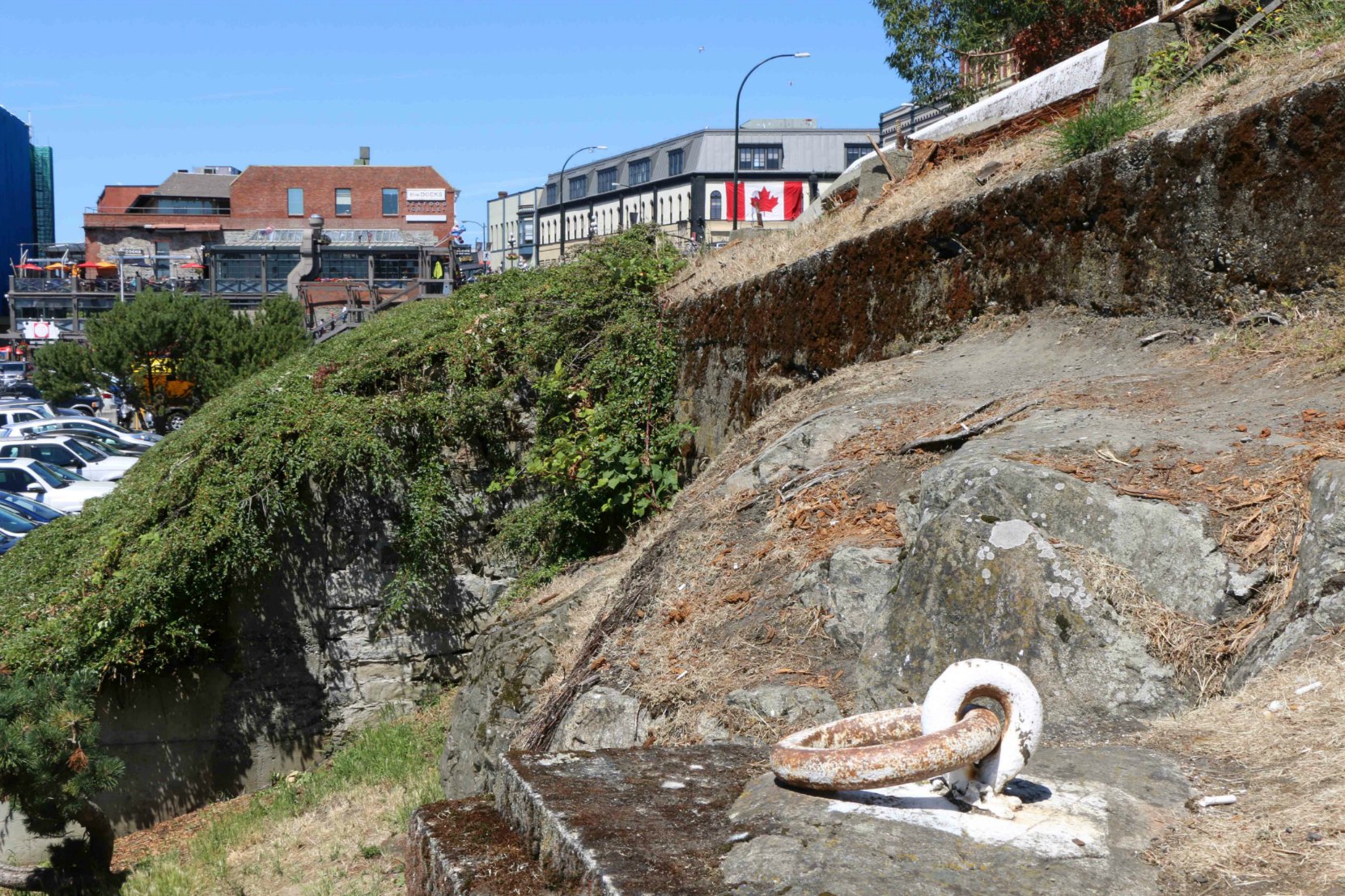 This mooring ring is one of the few remains of Fort Victoria, which stood on this site between 1843 and 1858. The site is now part of the Fort Victoria National Historic Site of Canada.