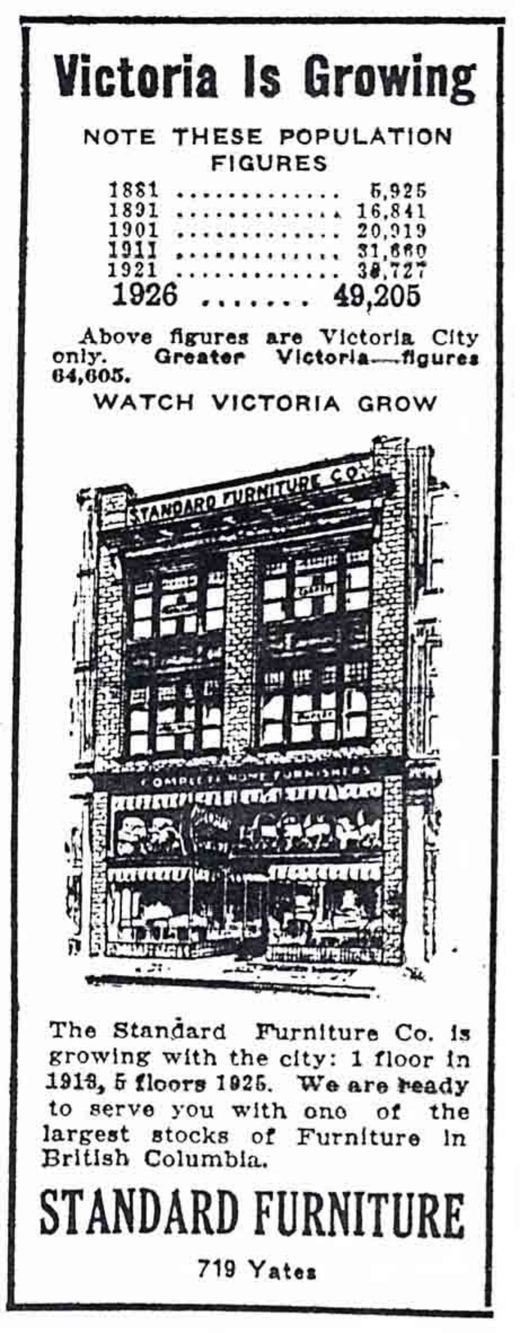 1926 advertisement showing Standard Furniture occupying the Finch Building at 719 Yates Street (Victoria Online Sightseeing Tours collection)