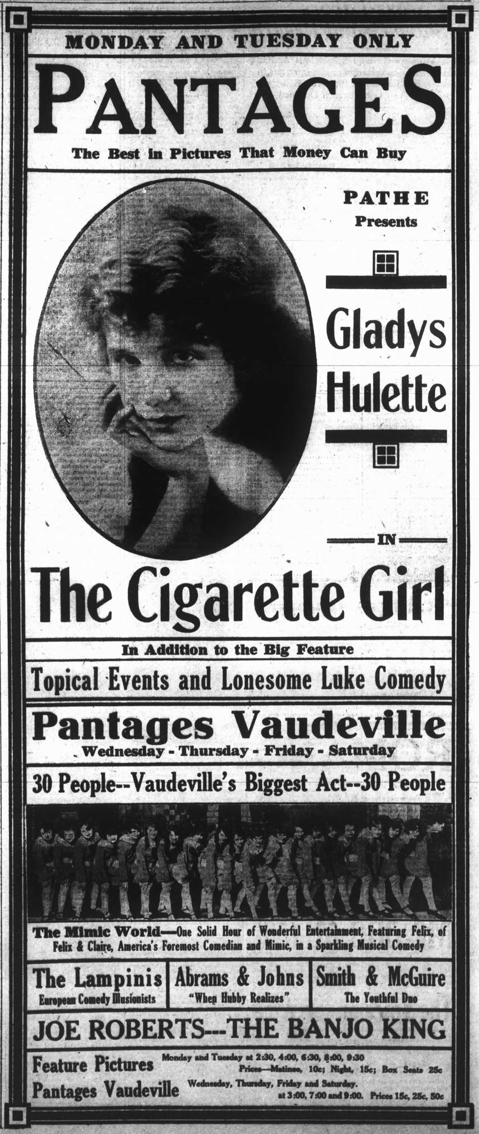 Advertisement for the Pantages Theater movie and vaudeville features, August 1917 (Victoria Online Sightseeing)