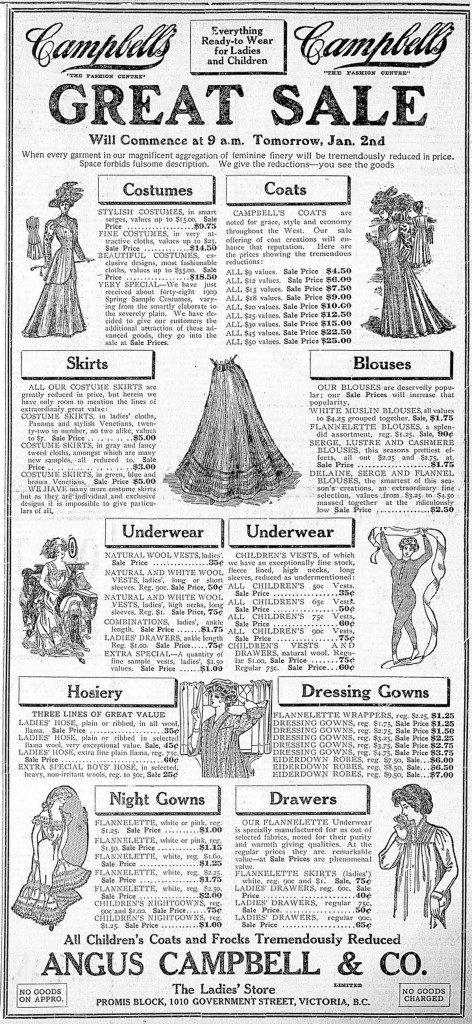 January 1909 advertisement for Angus Campbell & Co., located in the Promis Block, 1010 Government Street (Victoria Online Sightseeing Tours collection)