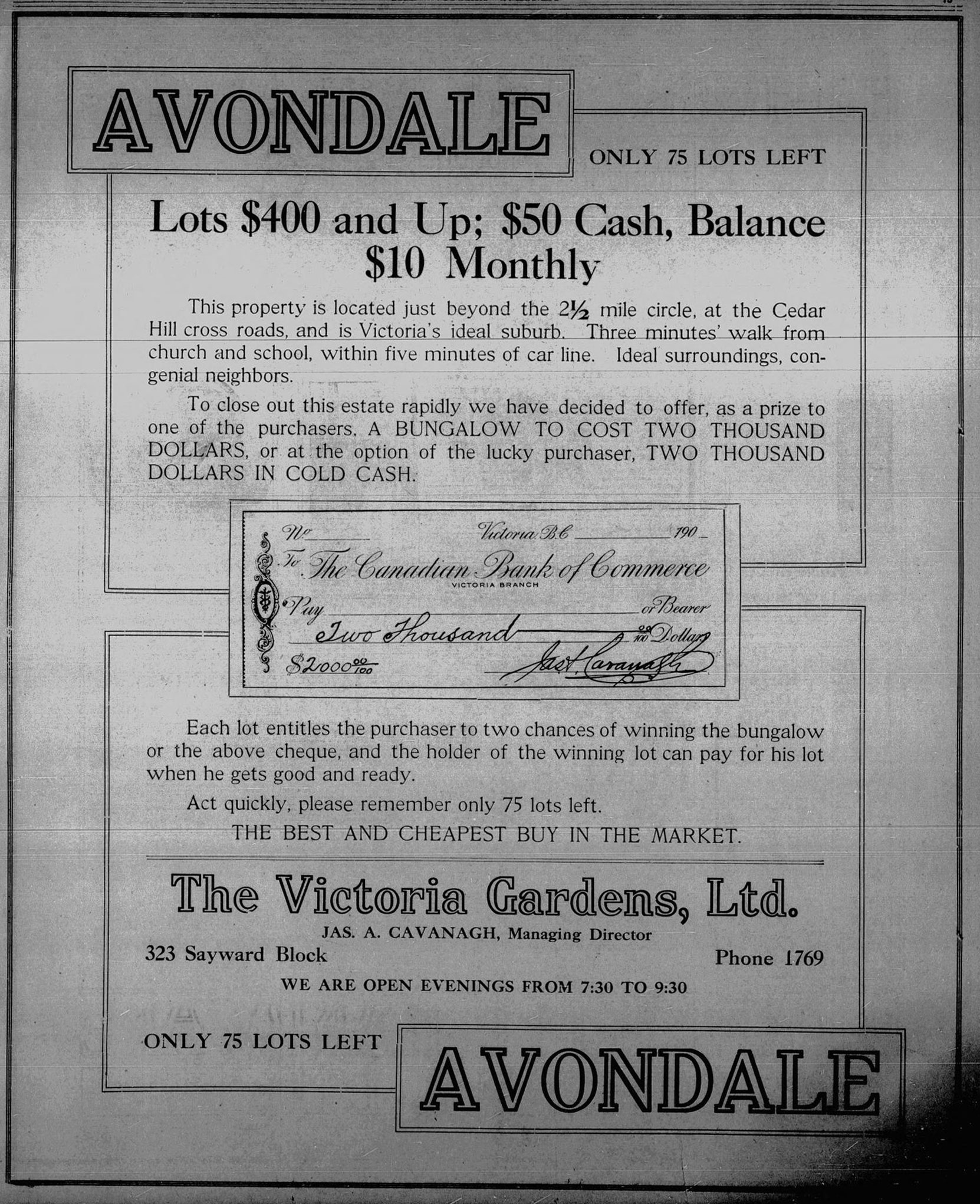 1912 advertisement for the then newly developed Avondale subdivision, off what is now Henderson Road in Oak Bay.