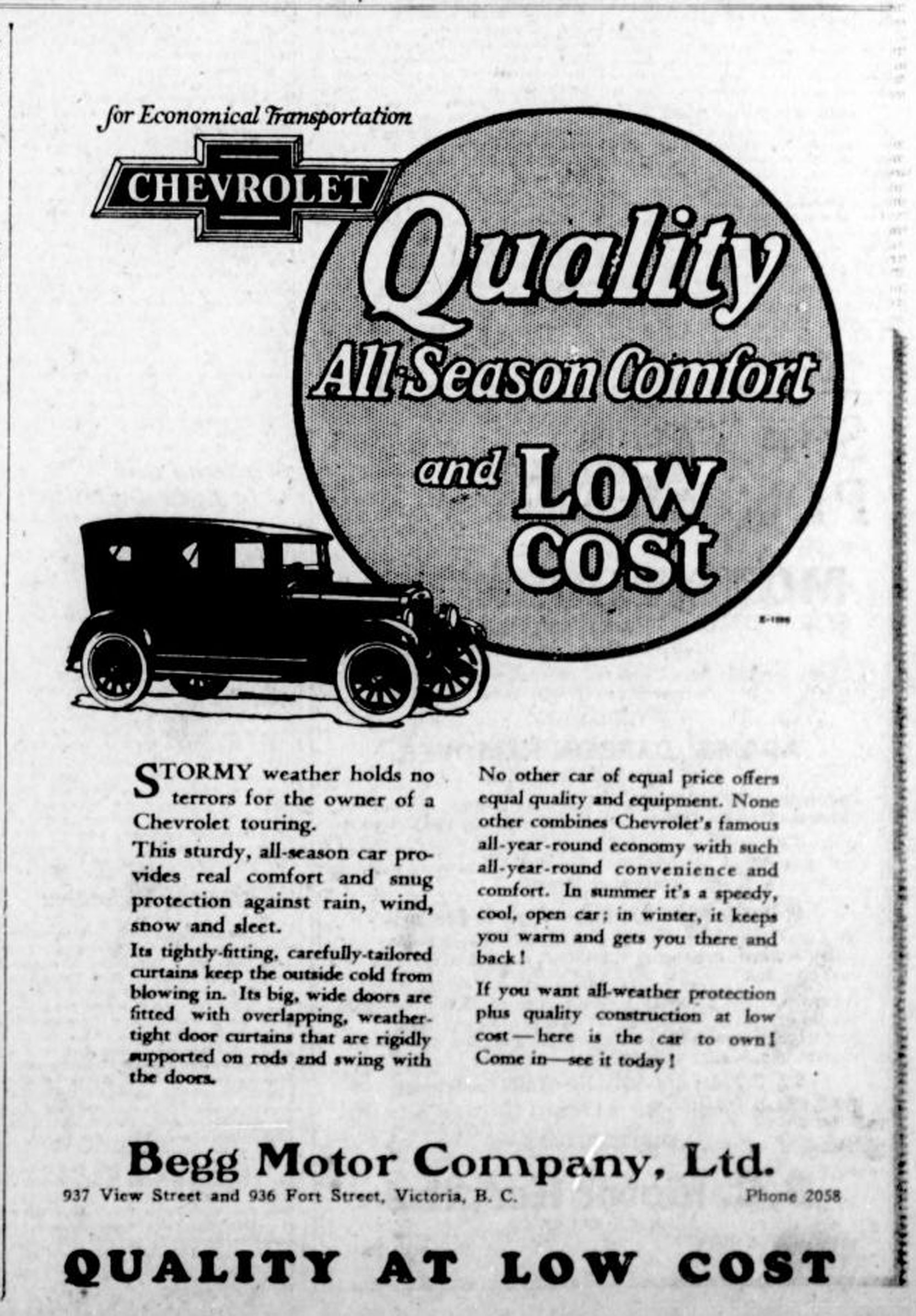1926 advertisement for Chevrolet automobiles, placed by Begg Motor Company, 937 View Street. This advertisement was placed in the spring of 1926, before Begg Motor Co. opened its new building at 950 Quadra Street. (Victoria Online Sightseeing Tours collection)
