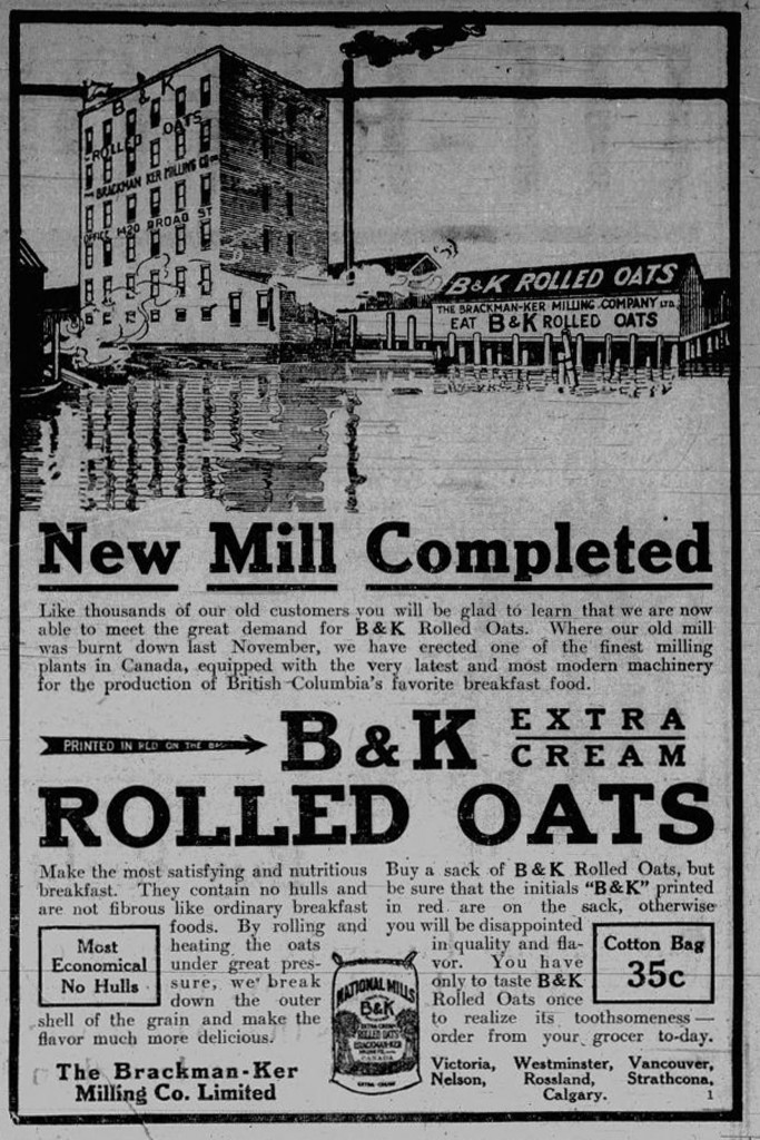 1910 advertisement for B&K Rolled Oats, made by the Brackman-Ker Milling Co., whose head office was at 1420 Broad Street in downtown Victoria. (Victoria Online Sightseeing Tours collection)