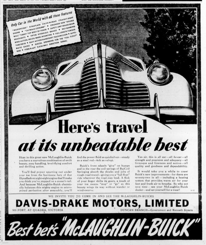 1939 advertisement for Buick placed by Davis-Drake Motors, 900 Fort Street. The building at 900 Fort Street is no longer standing. (Victoria Online Sightseeing Tours collection)