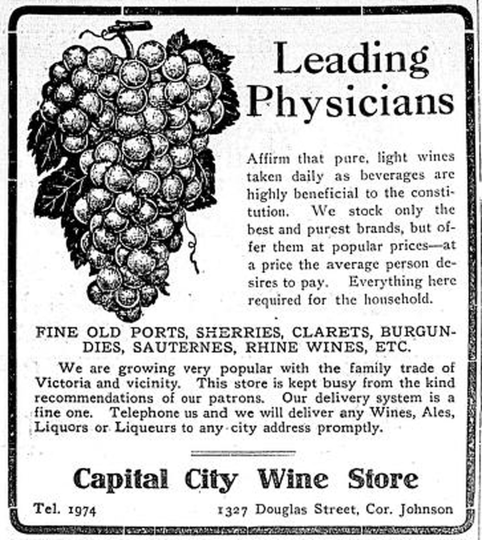 1910 advertisement for the Capital City Wine Store, 1327 Douglas Street (Victoria Online Sightseeing Tours collection)