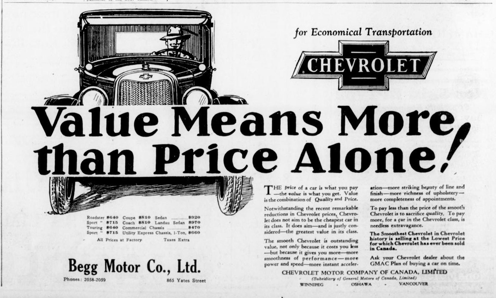 1926 advertisement for Chevrolet automobiles, placed by Begg Motor Company, 865 Yates Street. This advertisement was placed in the fall of 1926, after Begg Motor Co. opened its new building at 865 Yates Street (now 1250 Quadra Street). (Victoria Online Sightseeing Tours collection)