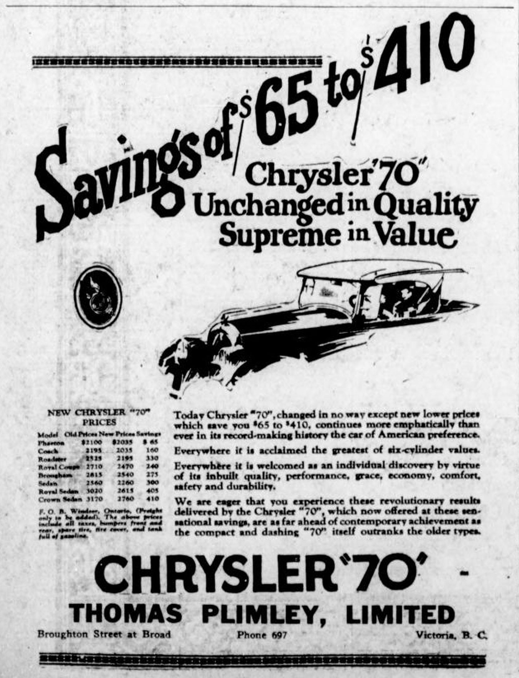 1926 advertisement for Chrysler "70" automobiles, placed by Thomas Plimley Ltd., Broughton Street at Broad Street, (Victoria Online Sightseeing Tours collection)