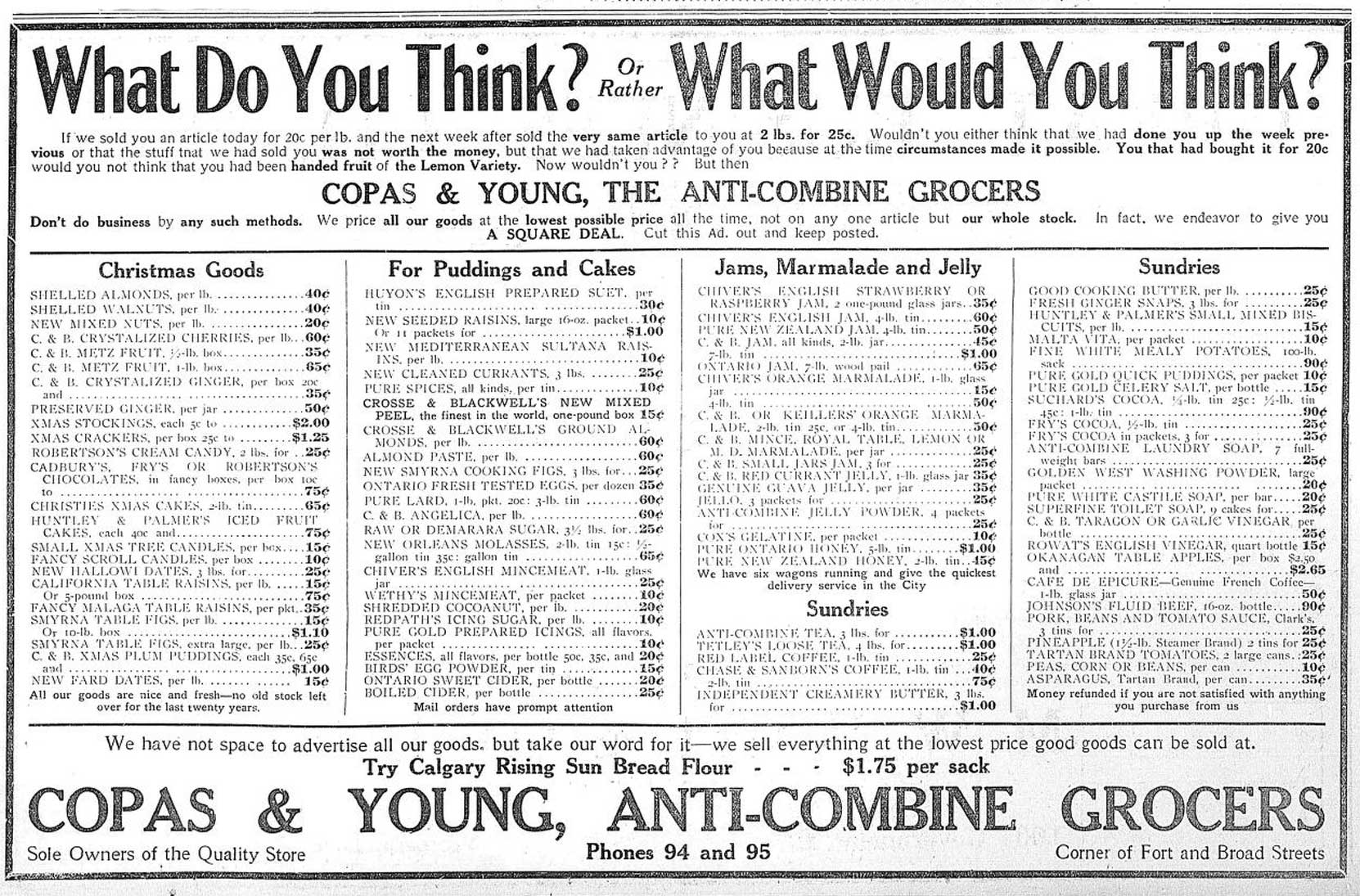 1909 advertisement for Copas & Young, Anti-Combine Grocers, in the Fell Building, Fort Street at Broad Street. (Victoria Online Sightseeing Tours collection)