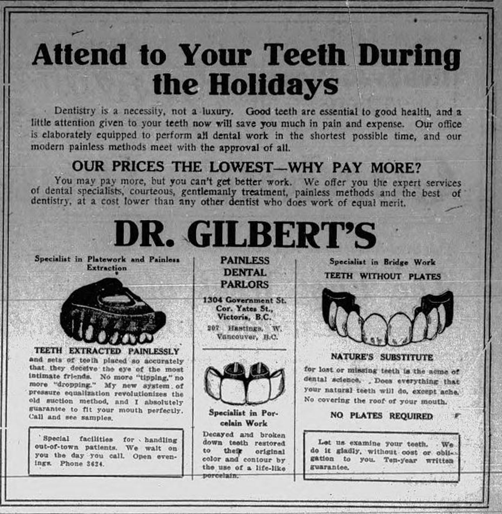 1915 Advertisement For Dr. Gilbert's Painless Dental Parlors, 1304 Douglas Street (Victoria Online Sightseeing Tours collection)