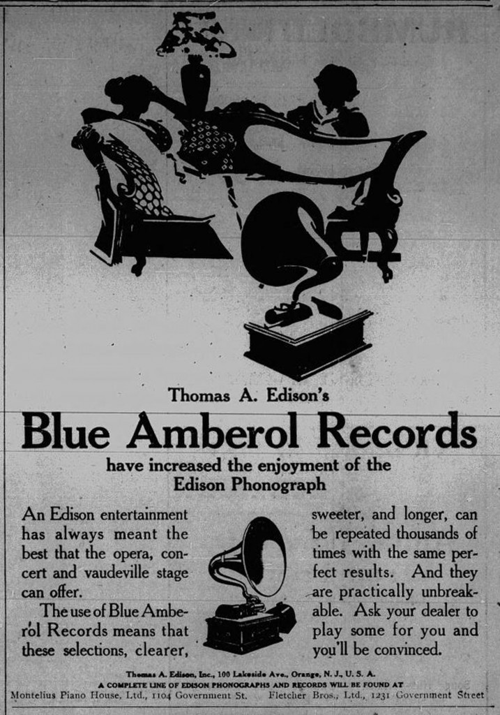 1913 advertisement for Edison Blue Amberol Records, sold at 1104 Government Street and 1231 Government Street. (Victoria Online Sightseeing Tours collection)