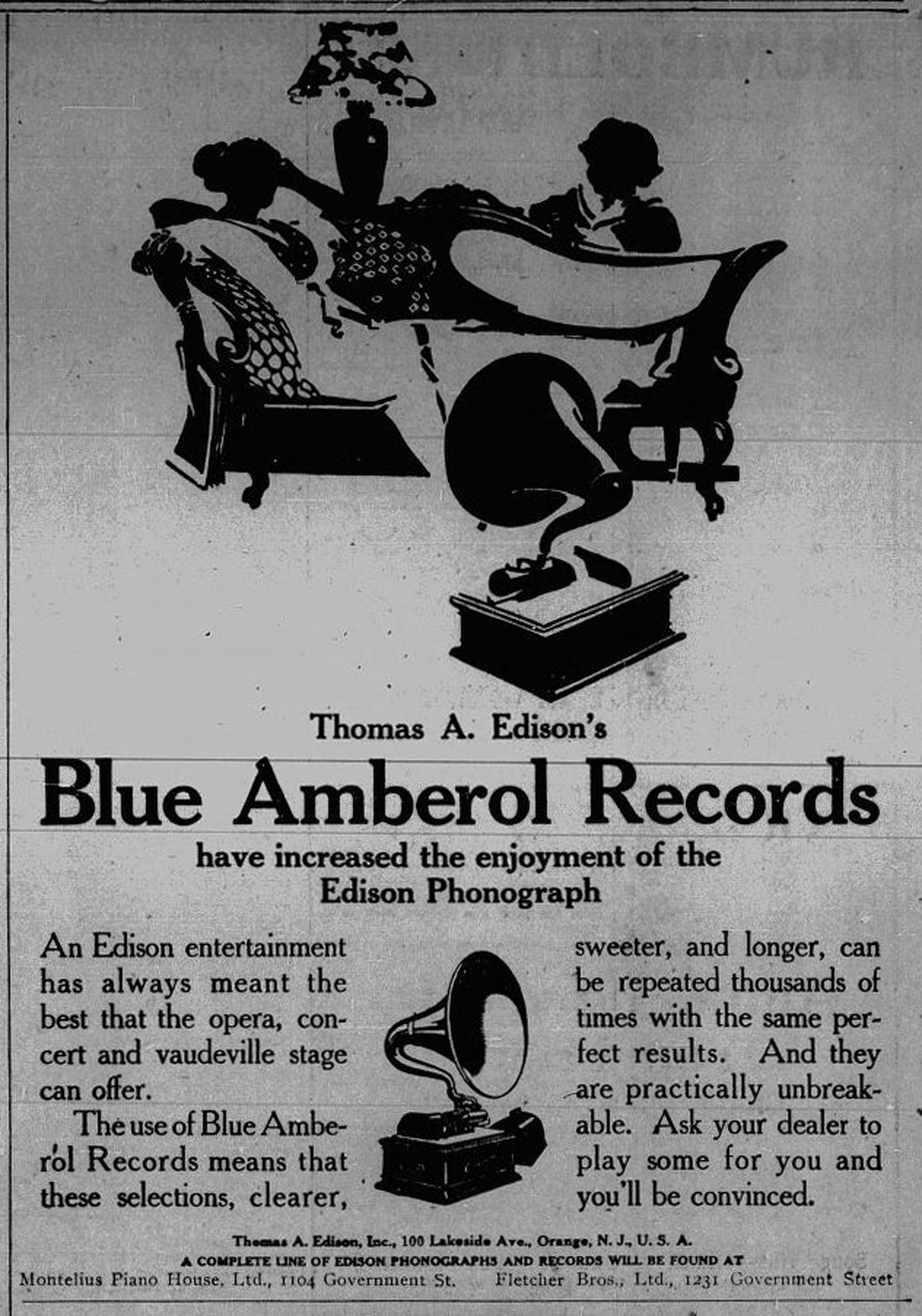 1913 advertisement for Edison Blue Amberol Records, sold at 1104 Government Street and 1231 Government Street. (Victoria Online Sightseeing Tours collection)