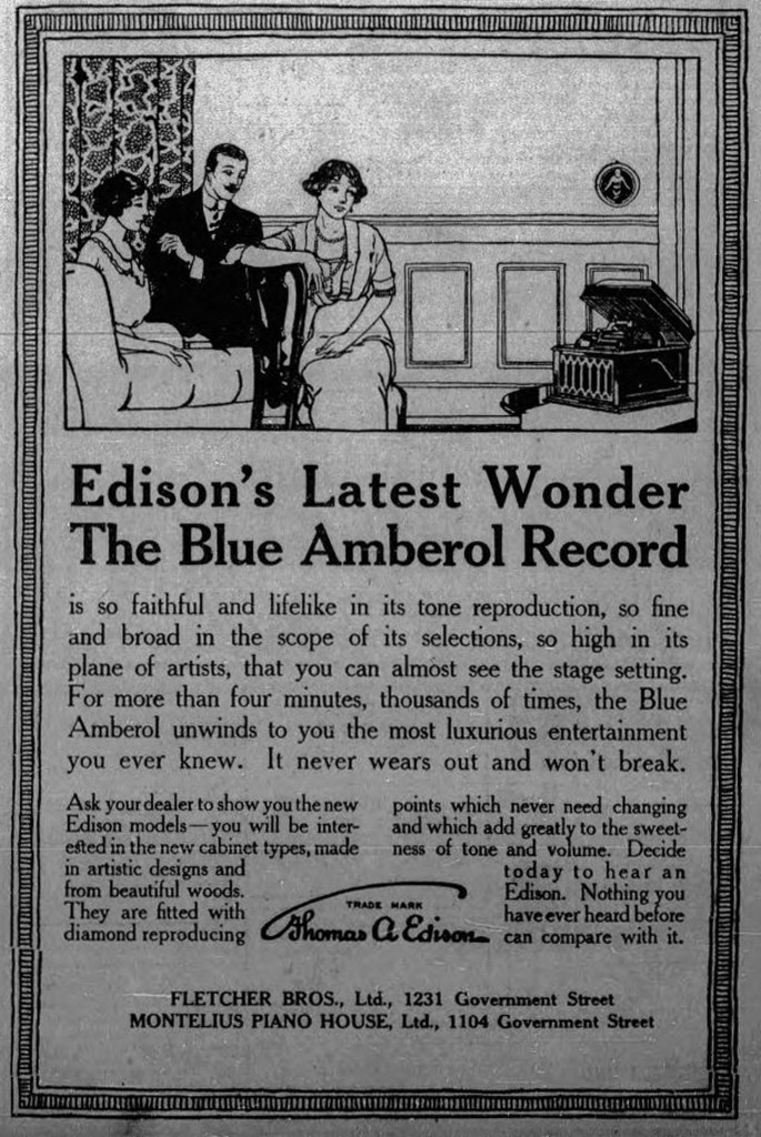 1913 advertisement for Edison Blue Amberol Records, sold by Montelius Piano House, 1102 Government Street, and Fletcher Brothers, 1231 Government Street (Victoria Online Sightseeing Tours collection)