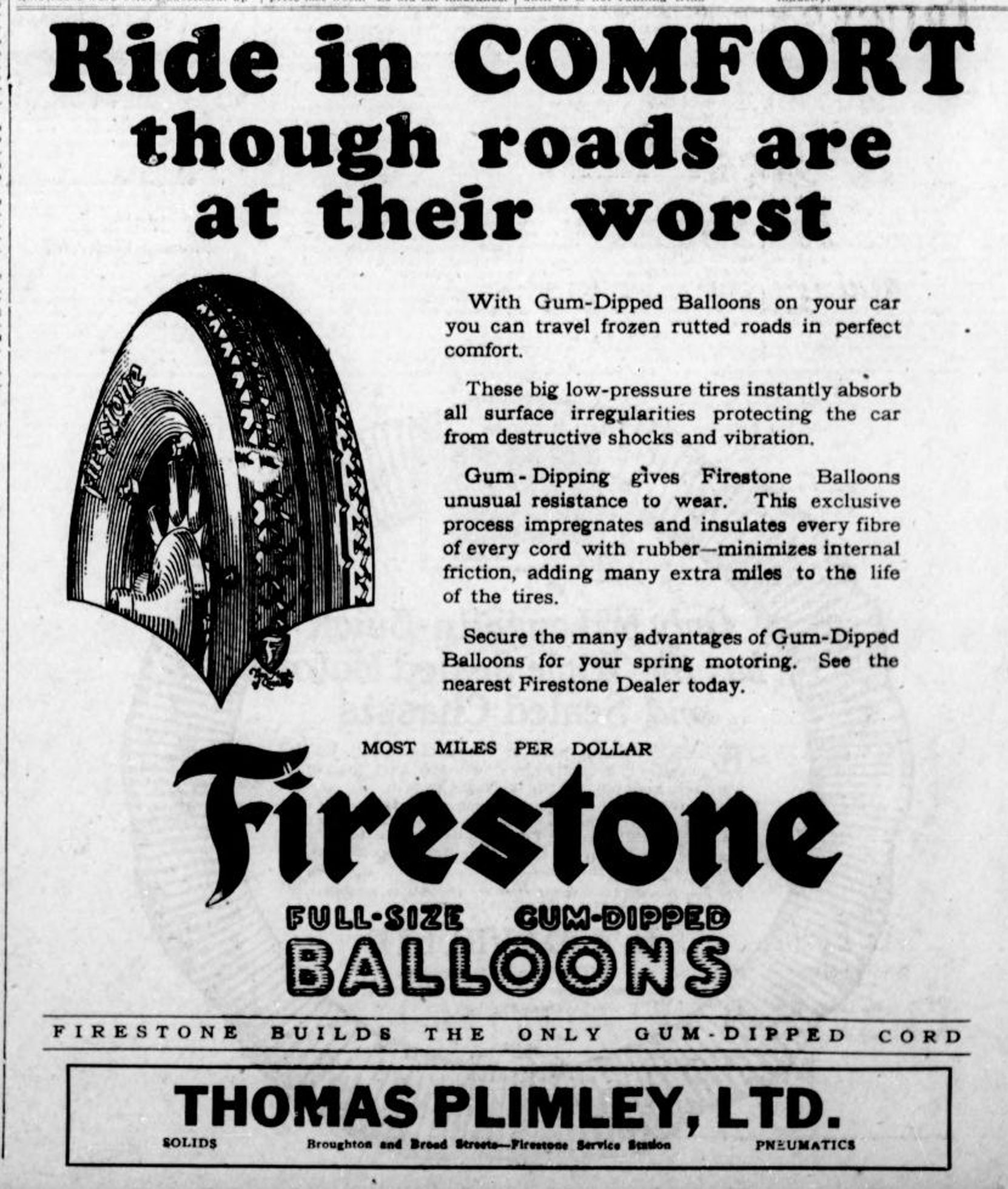 1926 advertisement for Firestone tires, sold at Thomas Plimley Ltd, Broughton Street at Broad Street. (Victoria Online Sightseeing Tours collection)