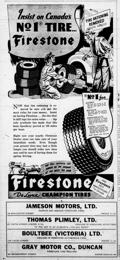 1946 Victoria advertisement for Firestone Tires. Note the "Tire Rationing Removed" in the upper right corner. Tires had been rationed during World War II (1939-1945)