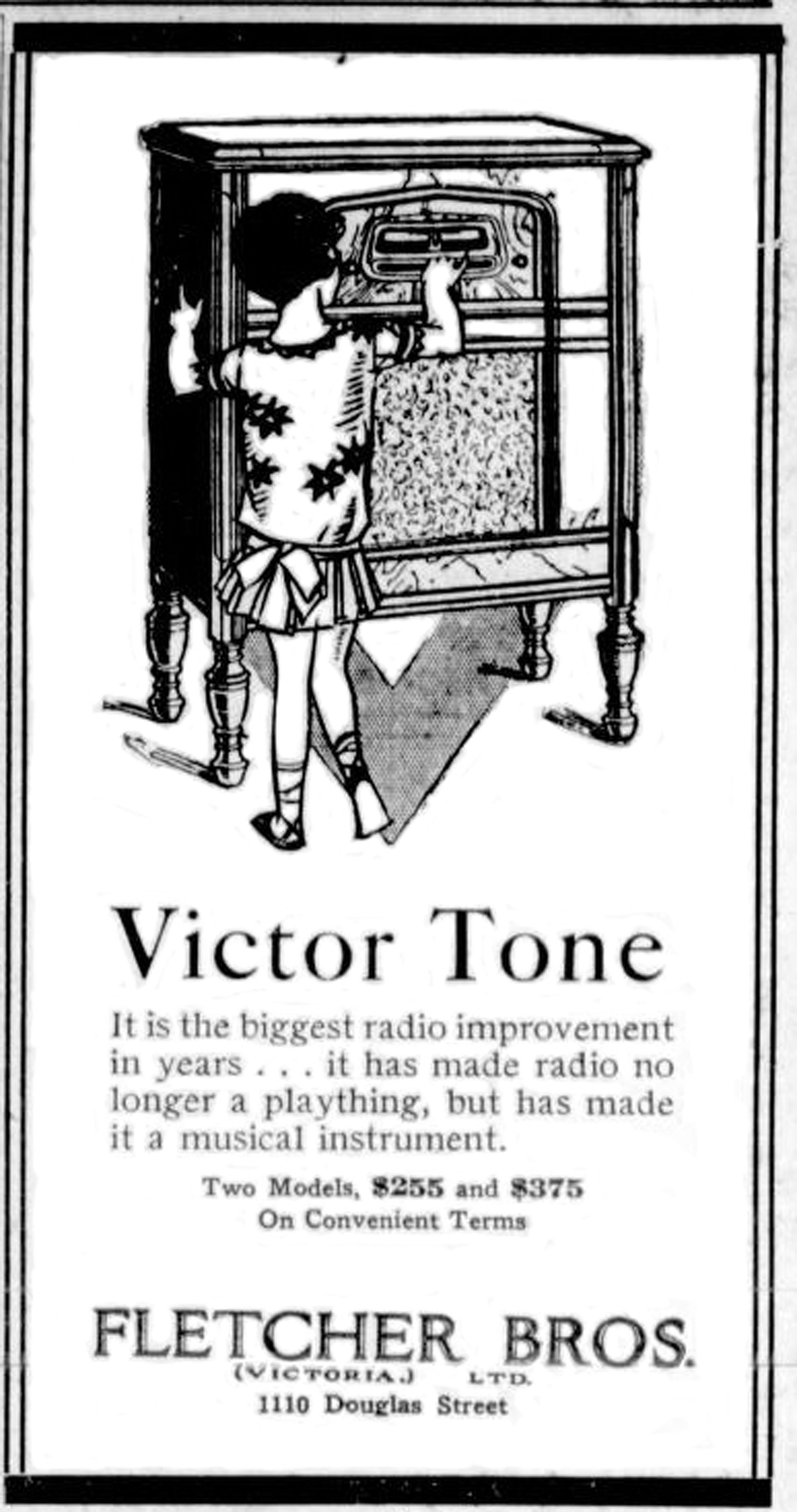 1930 advertisement for Victor Tone radios, sold at Fletcher Brothers, 1110 Douglas Street. (Victoria Online Sightseeing Tours collection)