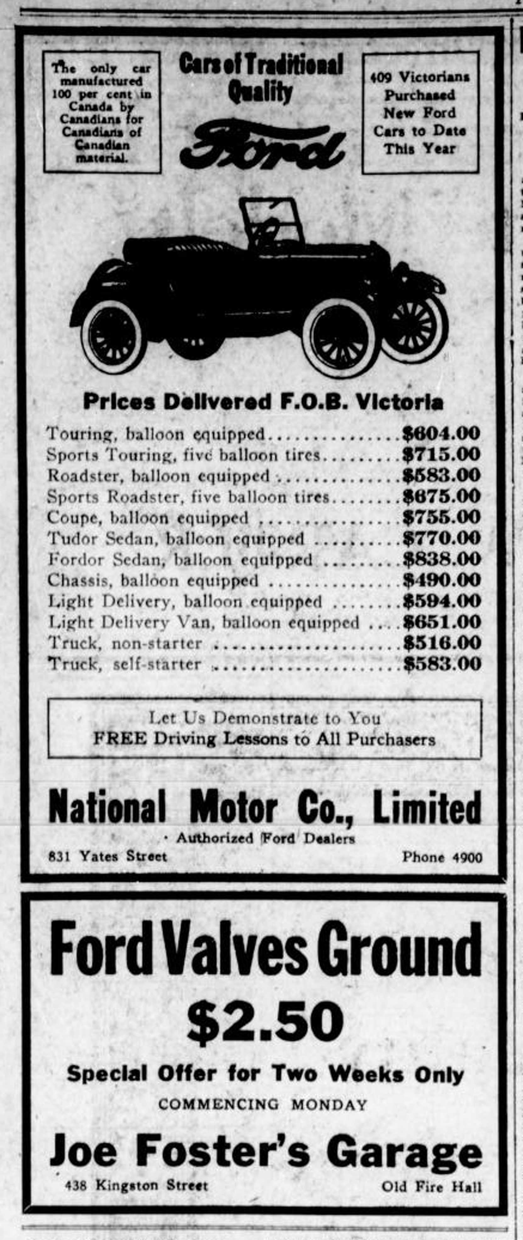 1926 advertisement for Ford automobiles, placed by National Motor Company, 831 Yates Street. (Victoria Online Sightseeing Tours collection)