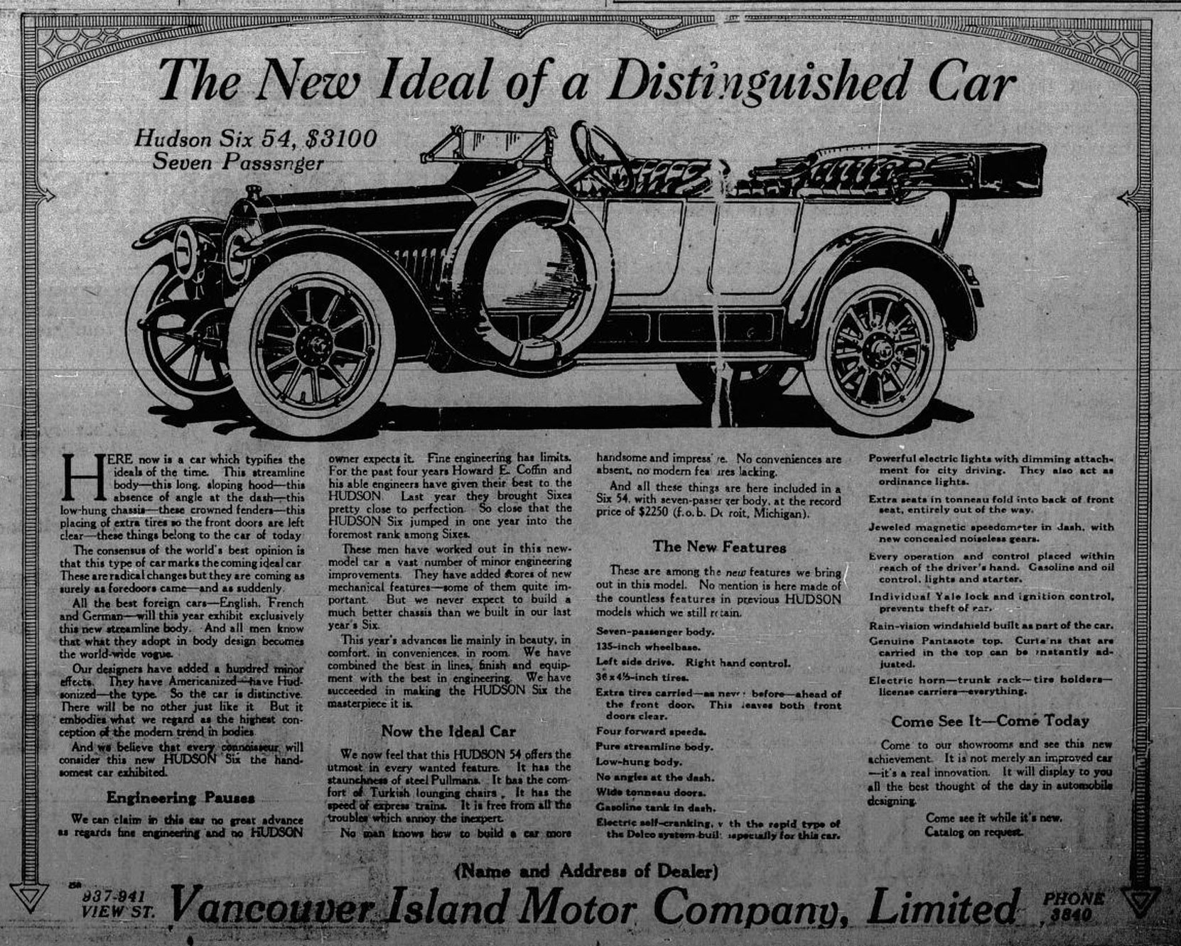 1913 advertisement for Hudson Six and the Vancouver Island Motor Company. (Victoria Online Sightseeing Tours collection)