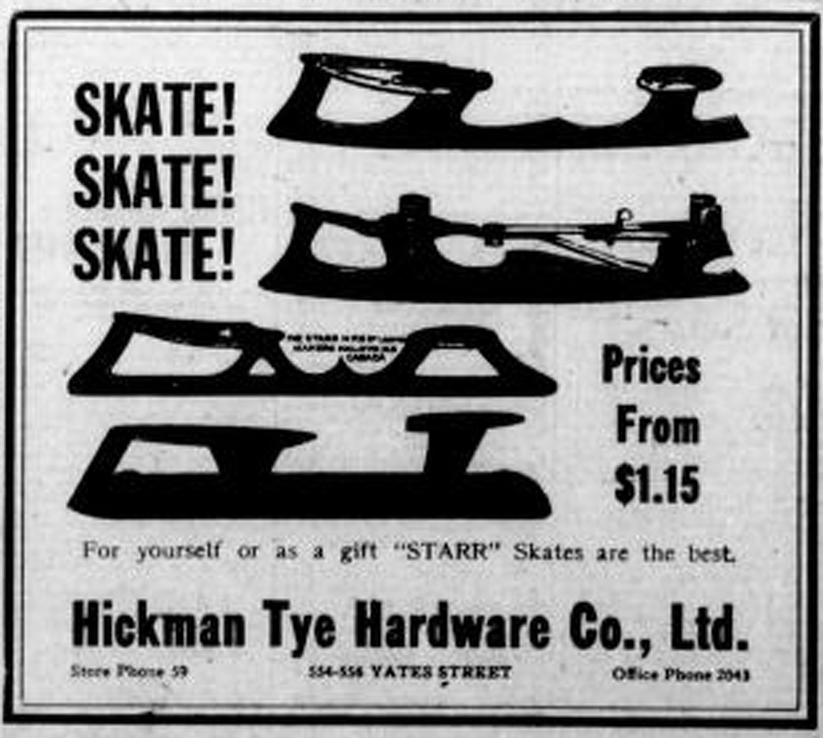 1925 advertisement for Ice Skates at Hickman Tye Hardware Co., 554-558 Yates Street (Victoria Online Sightseeing Tours collection)