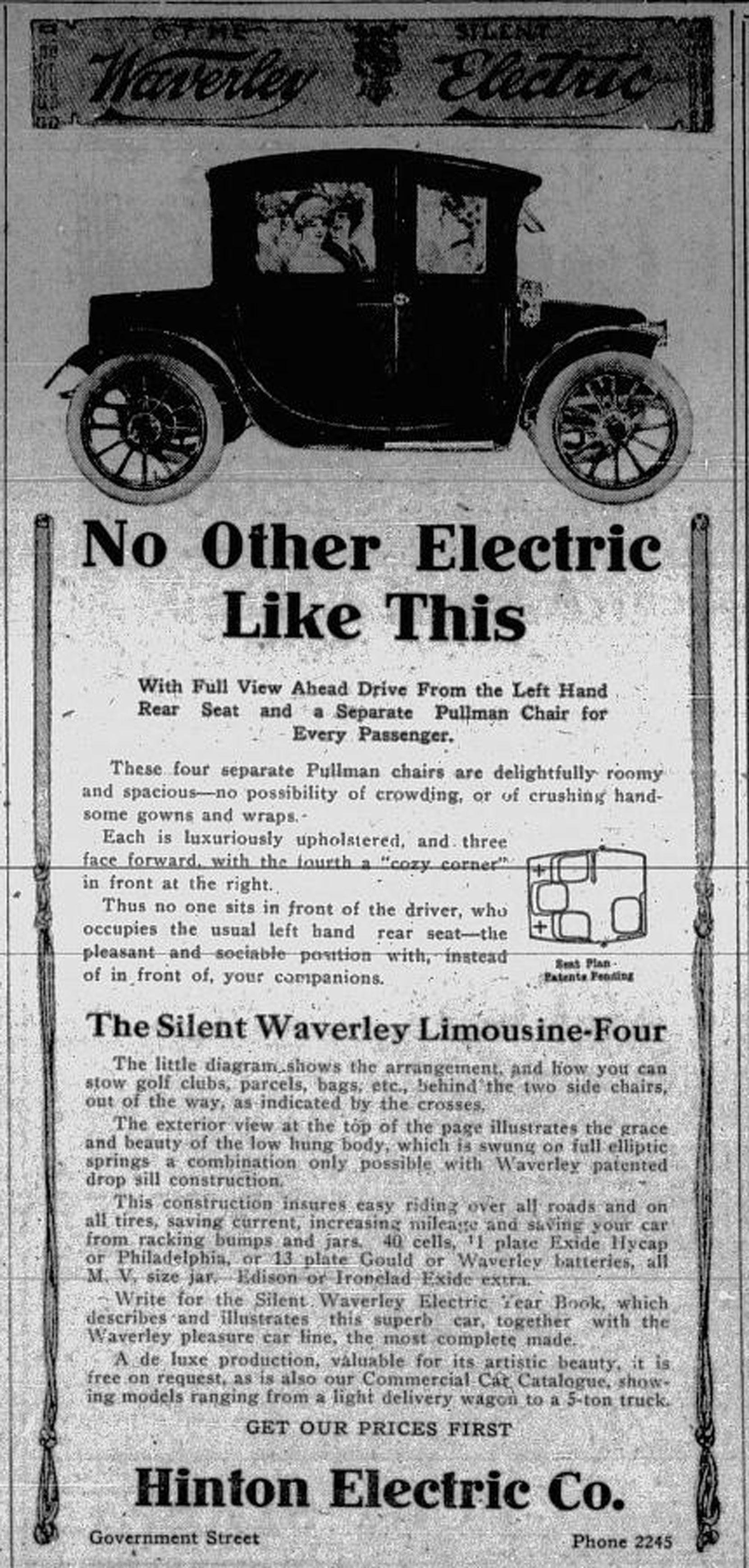 1913 advertisement by Hinton Electric Co., 911 Government Street, for Waverley electric cars (Victoria Online Sightseeing Tours collection)