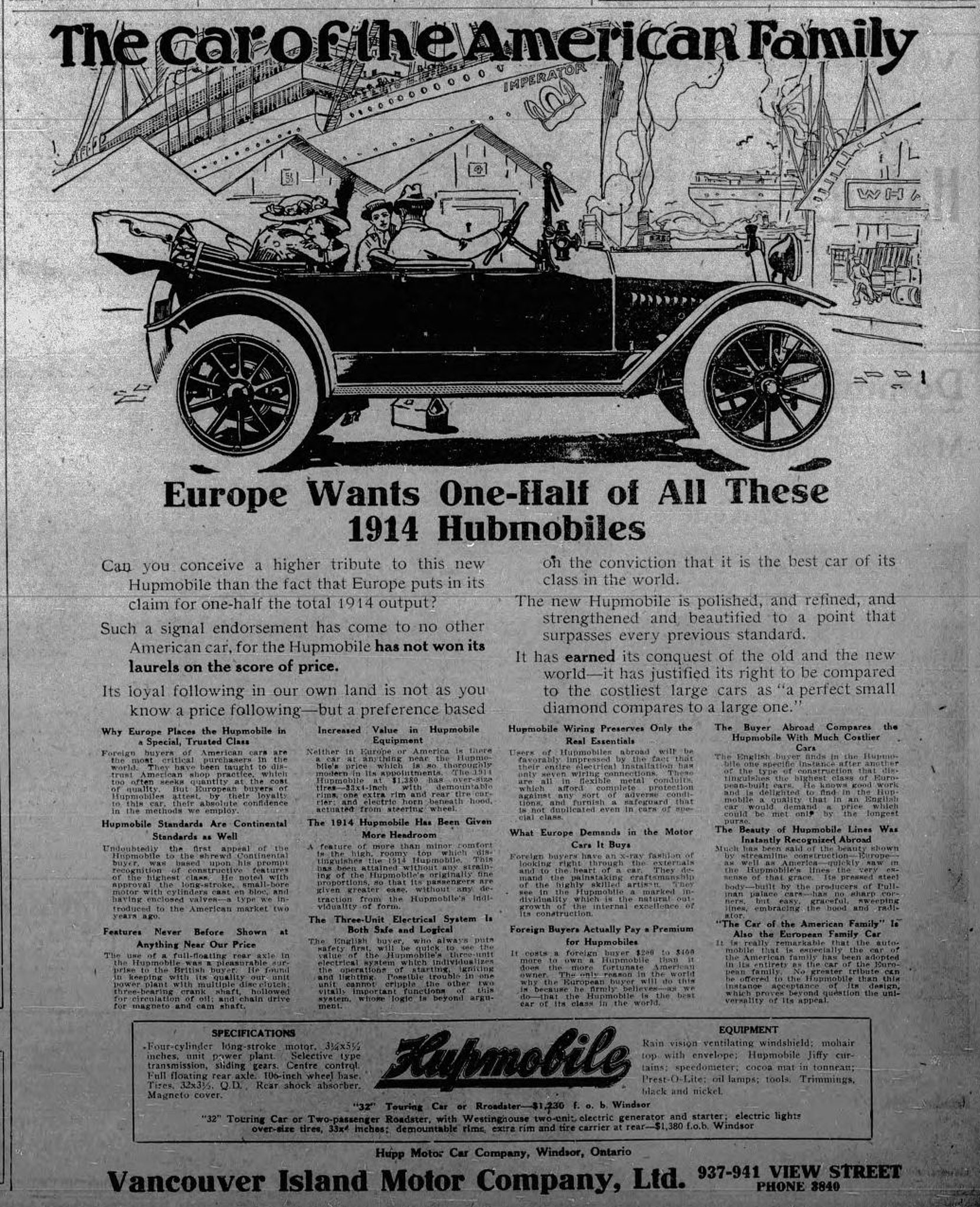 1913 advertisement for Hupmobile, sold by Vancouver Island Motor Company Ltd., 937 View Street (Victoria Online Sightseeing Tours collection)