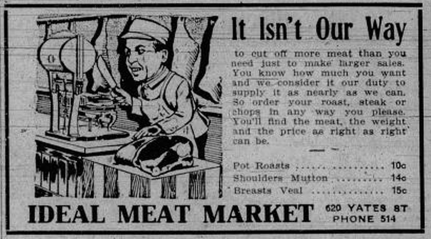 1910 advertisement for Ideal Meat Market, 620 Yates Street (Victoria Online Sightseeing Tours collection)