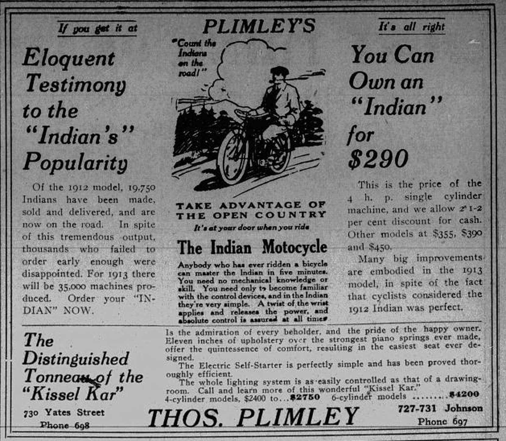 1913 advertisement for Indian motorcycles, sold by Thomas Plimely Ltd., 727-731 Johnson Street and 730 Yates Street. (Victoria Online Sightseeing Tours collection)