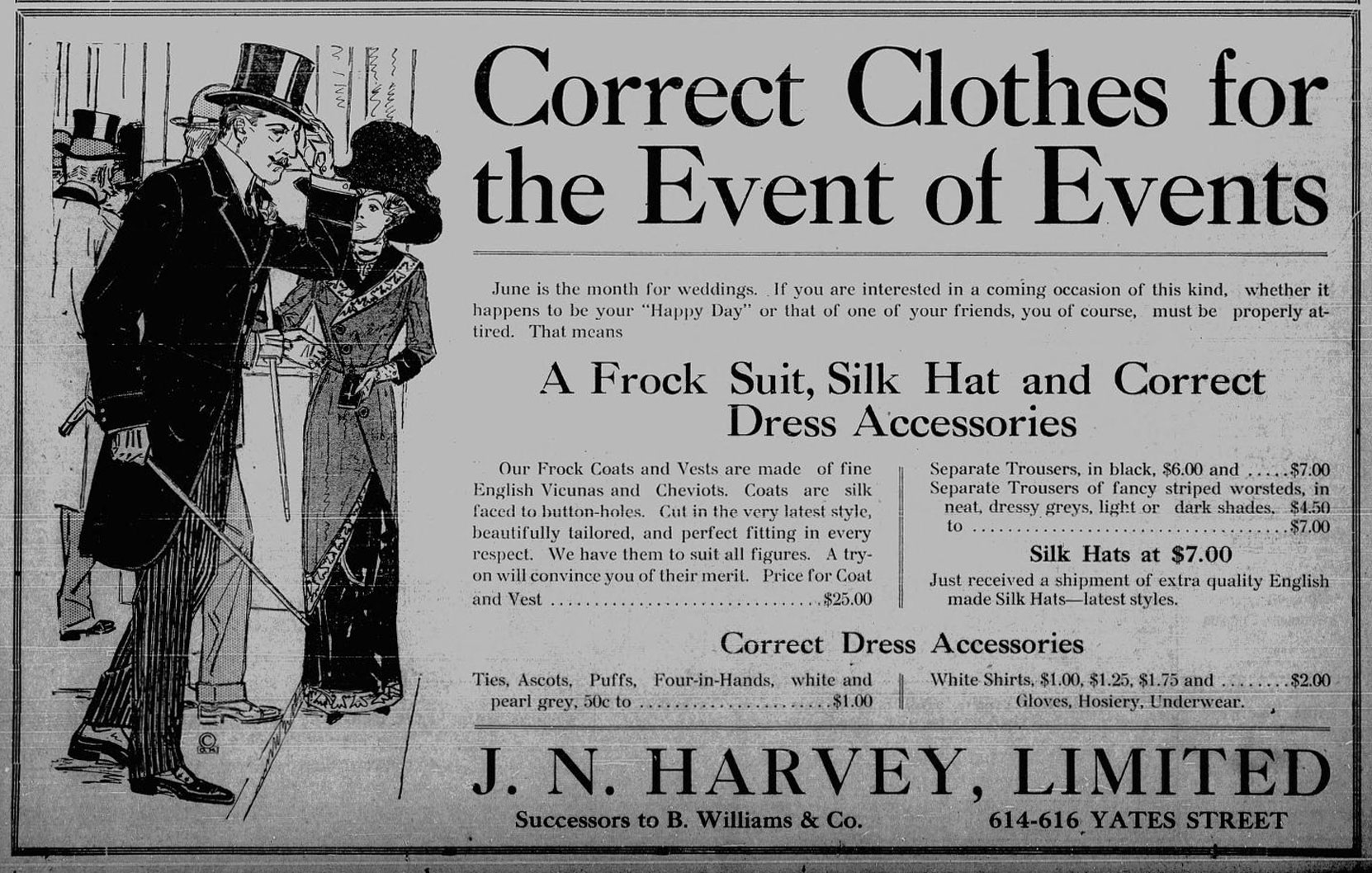 1911 advertisement for J.N. Harvey Ltd., 614-616 Yates Street. We believe J.N. Harvey was located in the building at 612-614 Yates Street (Victoria Online Sightseeing Tours collection)