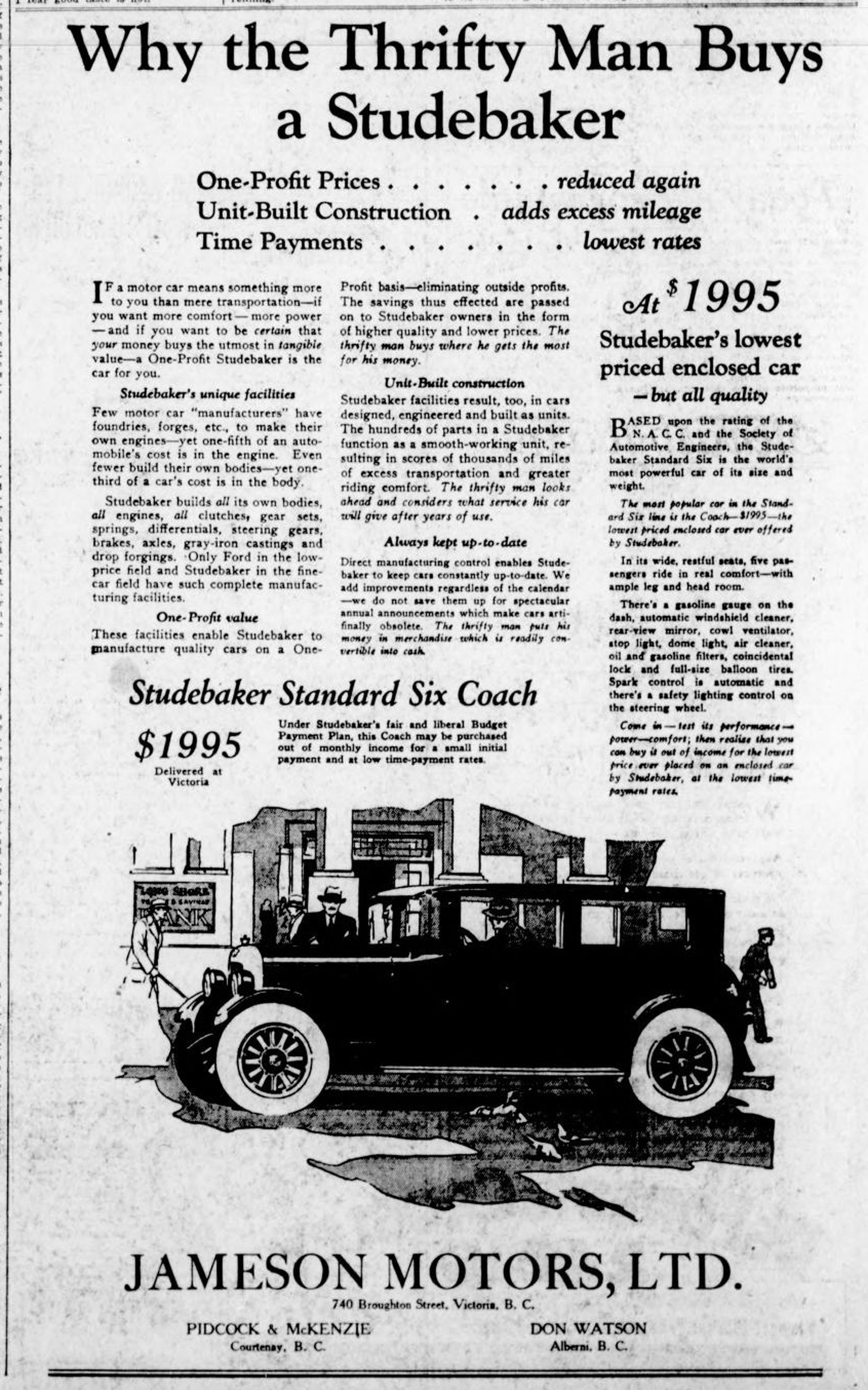 1926 advertisement for Studebaker at Jameson Motors, 740 Broughton Street (Victoria Online Sightseeing Tours collection)