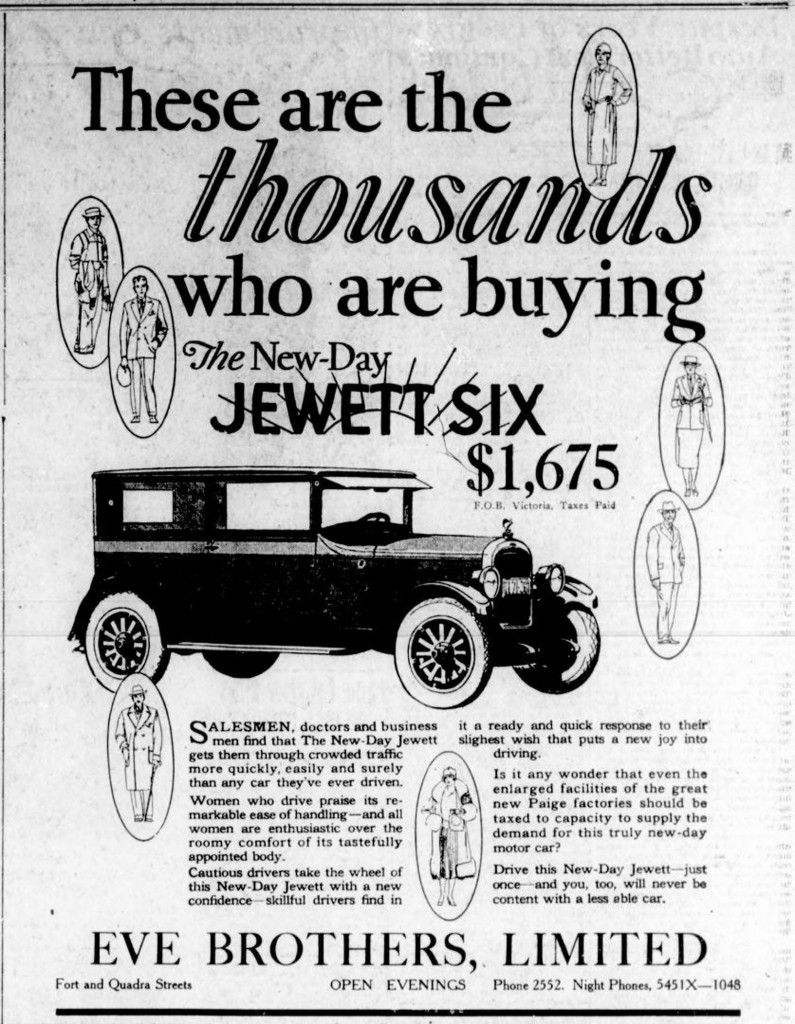1926 advertisement for Jewett Six automobiles, placed by Eve Brothers Ltd., 900 Fort Street. (Victoria Online Sightseeing Tours collection)