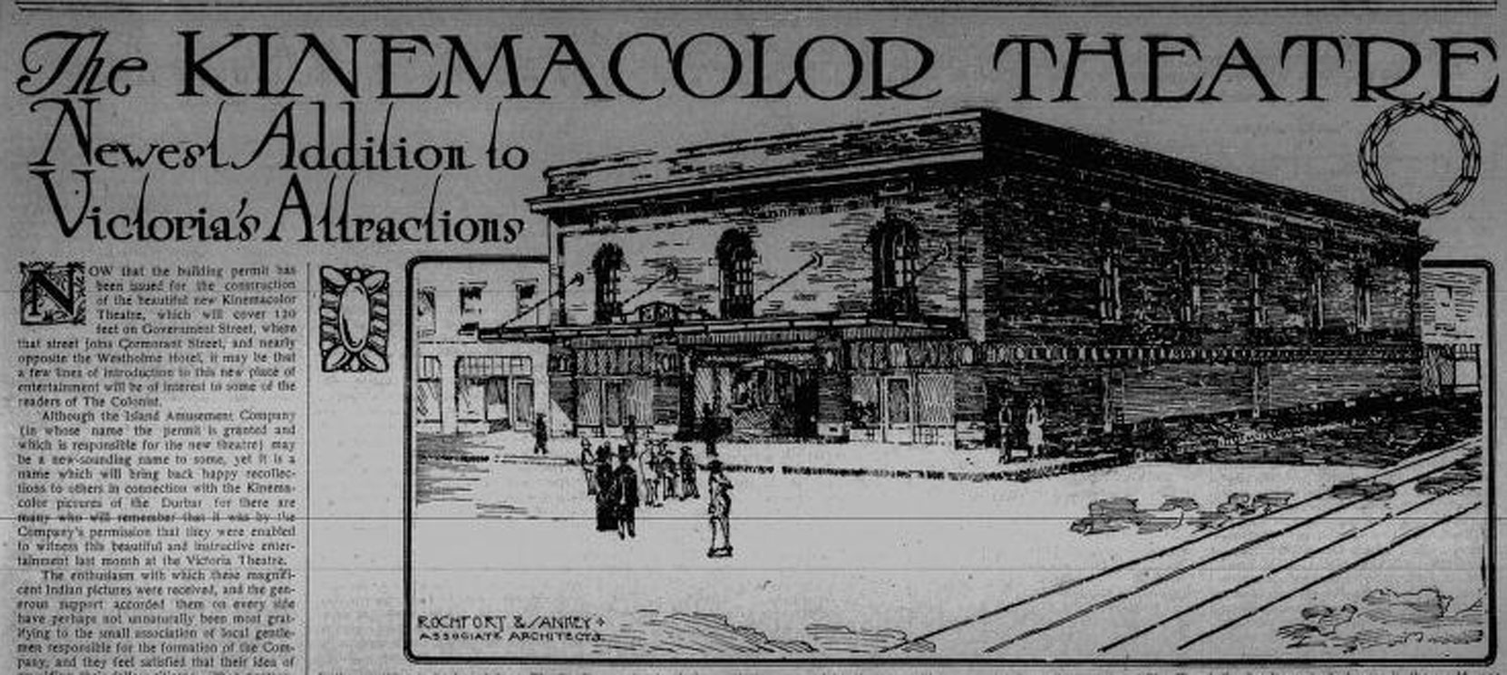 1913 architects' drawing by Rochfort & Sankey of the exterior of the KinemaColor Theatre, 1600 Government Street (Victoria Online Sightseeing Tours collection)
