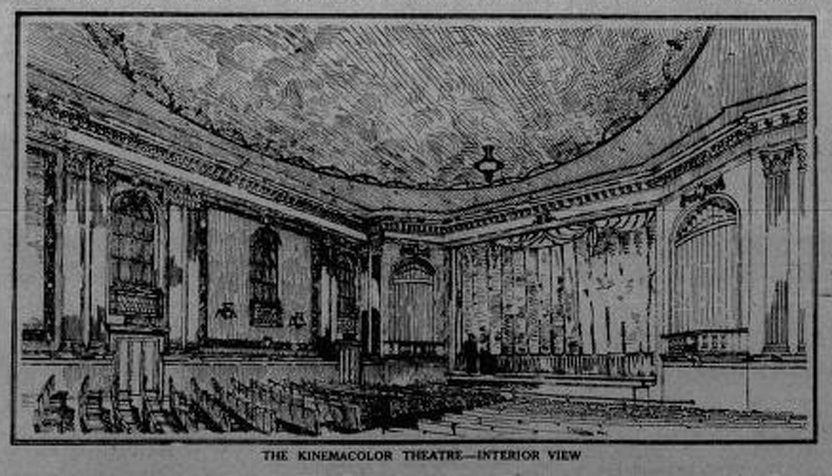 1913 architects' drawing of the interior of the KinemaColor Theatre, Government Street (Victoria Online Sightseeing Tours collection)